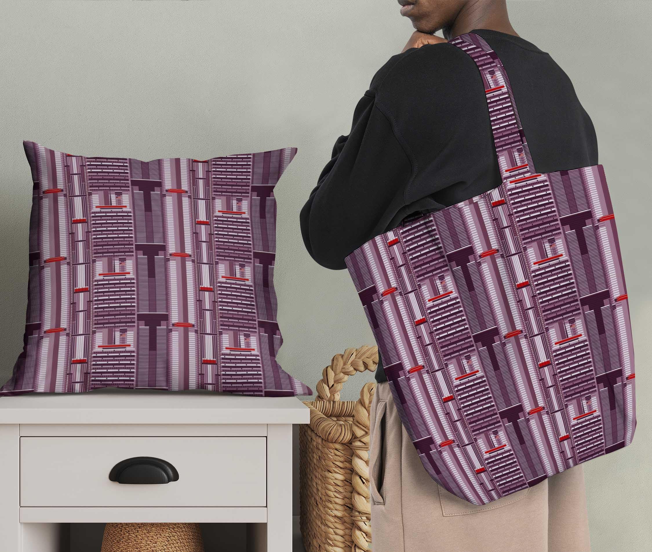 Soimoi Japanese Crepe Fabric - Pink Urban Tapestry Architectural Print - 42