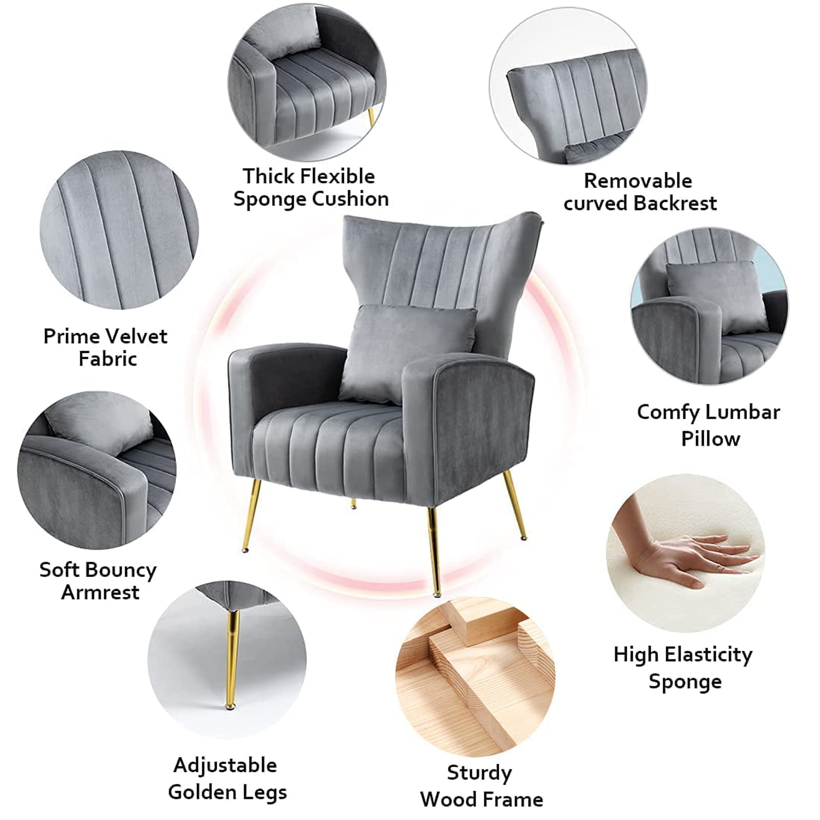 Velvet Accent Chair with Lumbar Pillow - Modern High Back Armchair with Gold Legs for Living Room, Bedroom & Vanity | Grey Barrel Chair for Cozy Seating & Home Decor