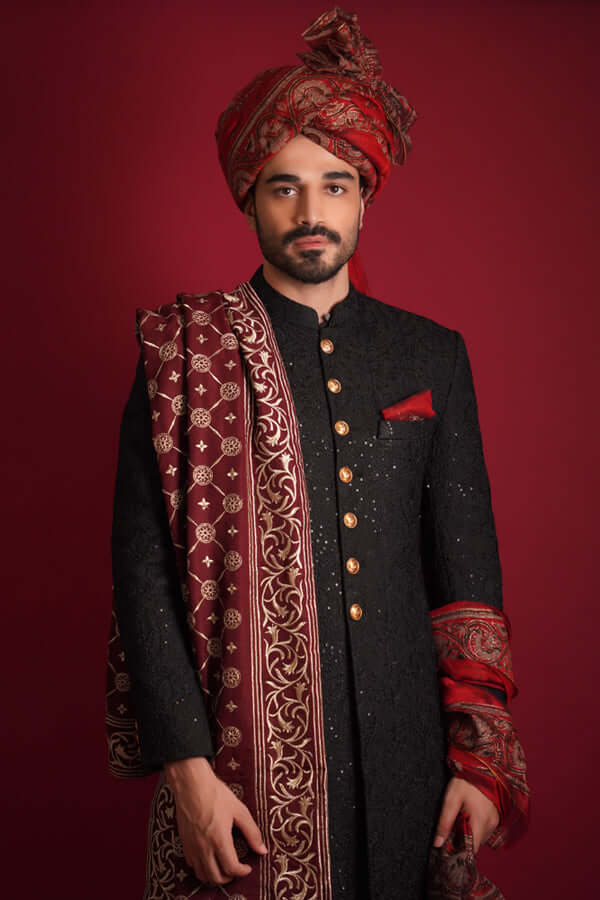 Elegant Jet Black Turkish Mughal Hybrid Artwork Sherwani for Men | Traditional Wedding & Festive Sherwani Outfit | Perfect for Weddings, Eid & Special Occasions