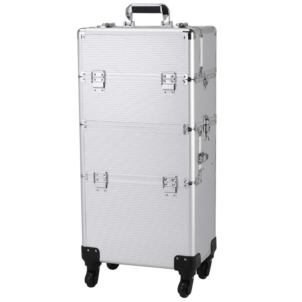 3 in 1 Professional Rolling Makeup Train Case - Aluminum Cosmetic Organizer with 4 Removable Wheels & Lockable Keys (Silver) | Perfect for Makeup Artists, Hairstylists & Beauty Professionals On-The-Go