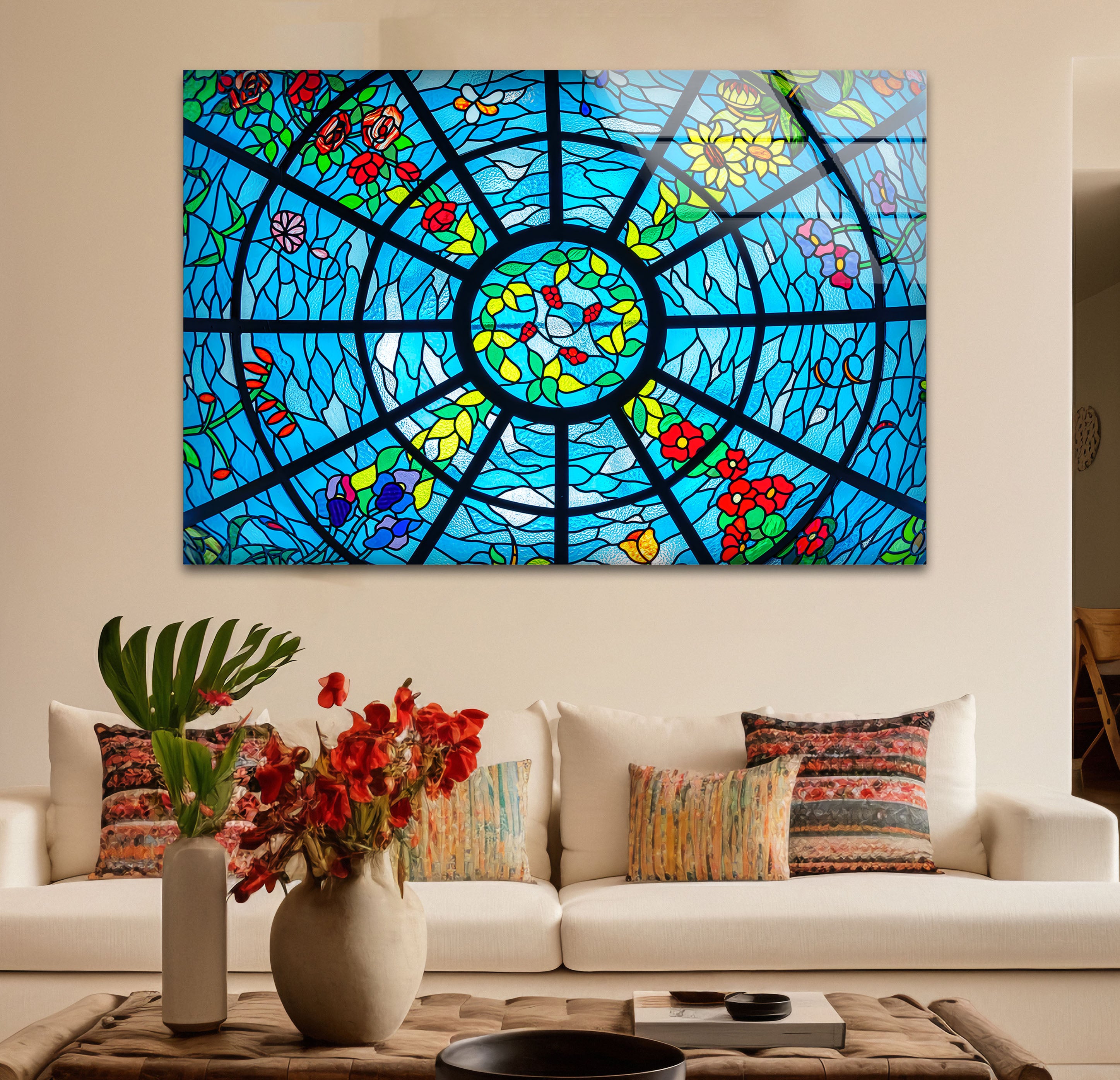 Blue Stained Glass Wall Art - Vibrant Floral & Ocean Window Design for Home & Office Decor | Perfect for Living Room, Bedroom, or Office Wall Decorations
