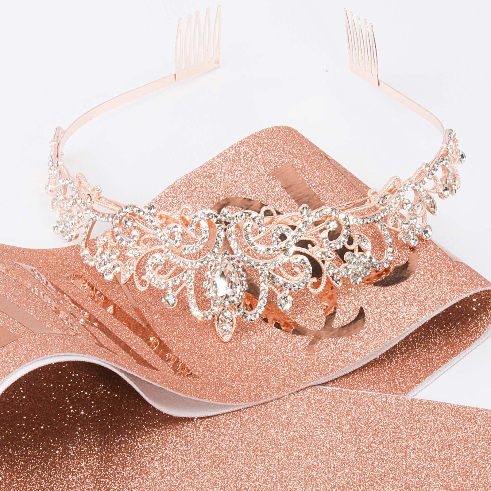 Elegant Crystal Rose Gold Tiara for Women - Birthday Queen Crown with Combs & Sash | Princess Party Hair Accessories for Women & Girls | Perfect for Birthday Celebrations, Pageants, Weddings & Special Occasions
