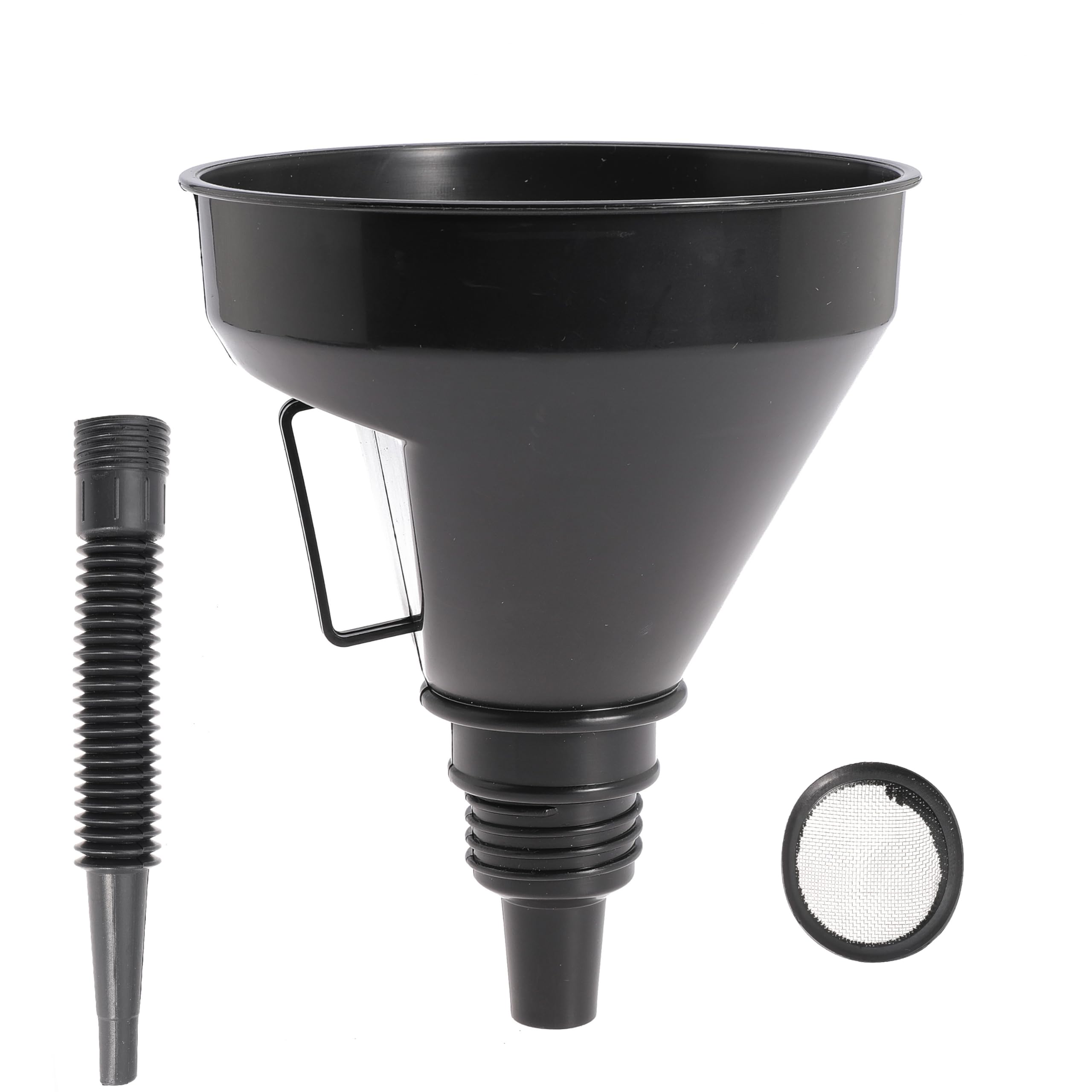 Large Plastic Automotive Funnel - Wide Mouth Oil Funnel with Flexible Extension Nozzle & Hose - Car Fuel Funnel with Handle & Mesh Screen - Perfect for Cars, Engine, RV, Water, Gas & Liquid Transmission (Black, 1-Pack)