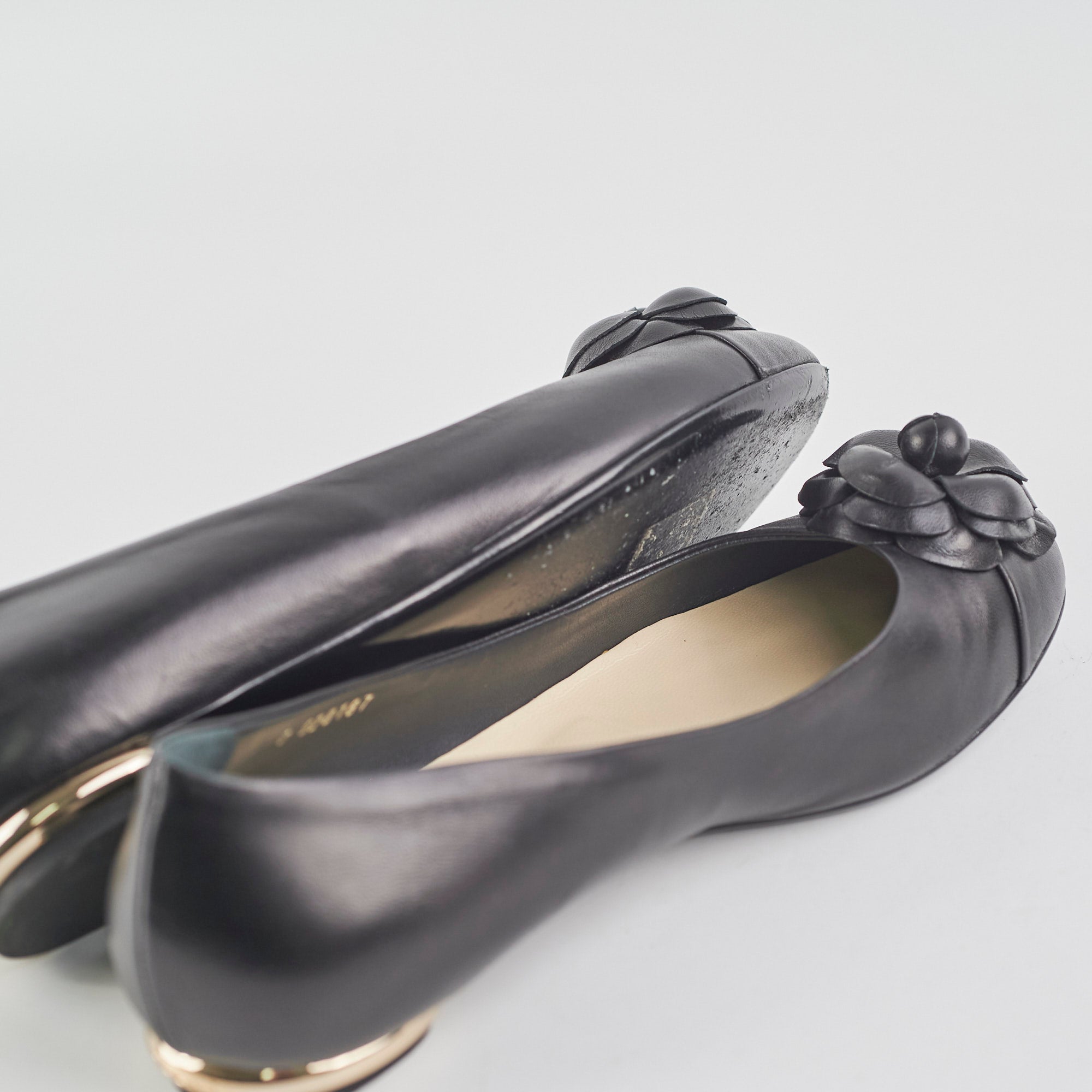 Chanel Camellia Ballet Flats for Women - Black Leather Pointed Toe Shoes Size 37.5 (US 7) - Elegant Comfort for Work, Parties & Daily Wear