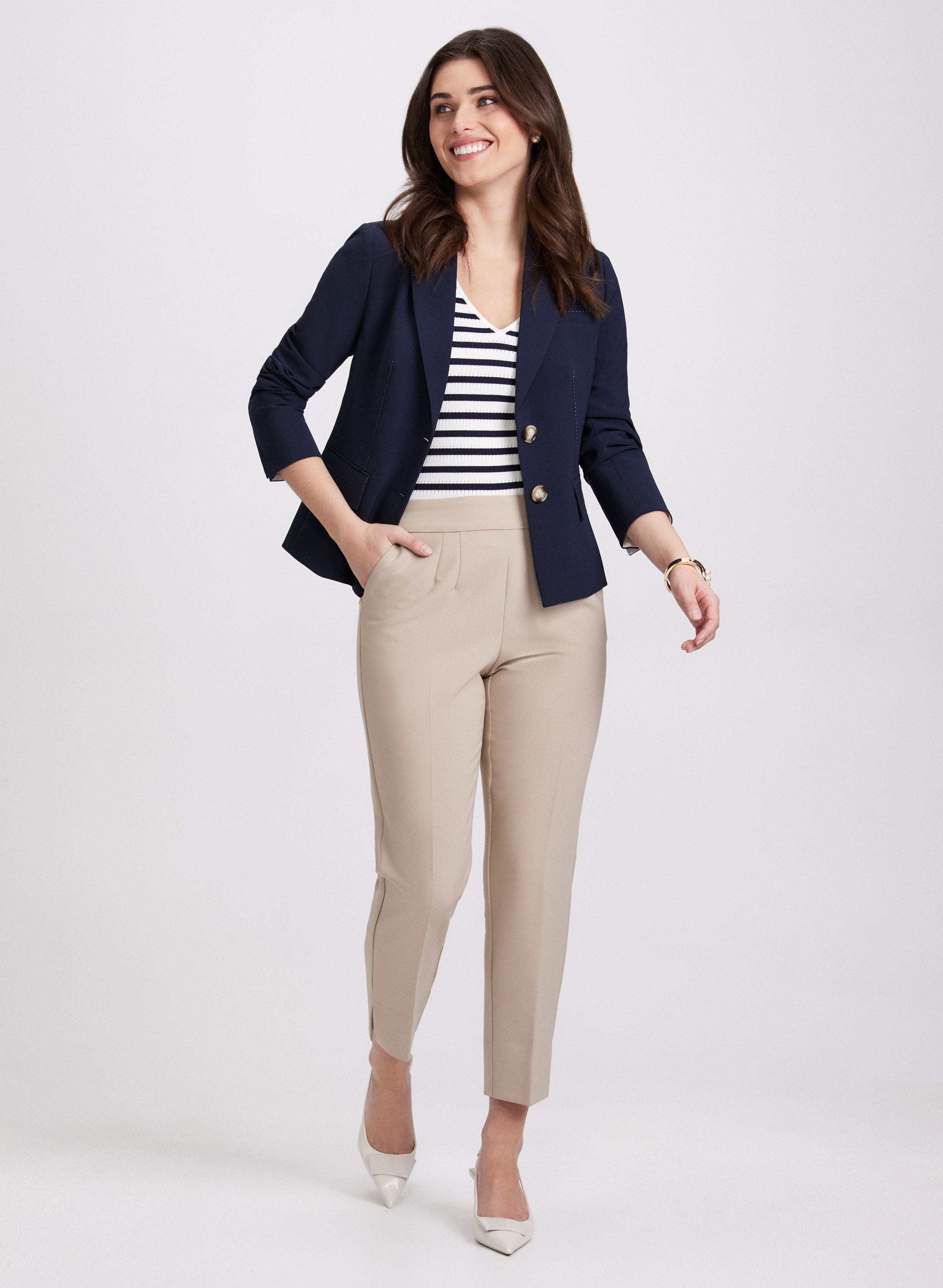 Stylish Seam Jacket & Slim Leg Pants Set for Women - Fashionable Office Wear & Casual Outfit for Work, Dating and Daily Activities