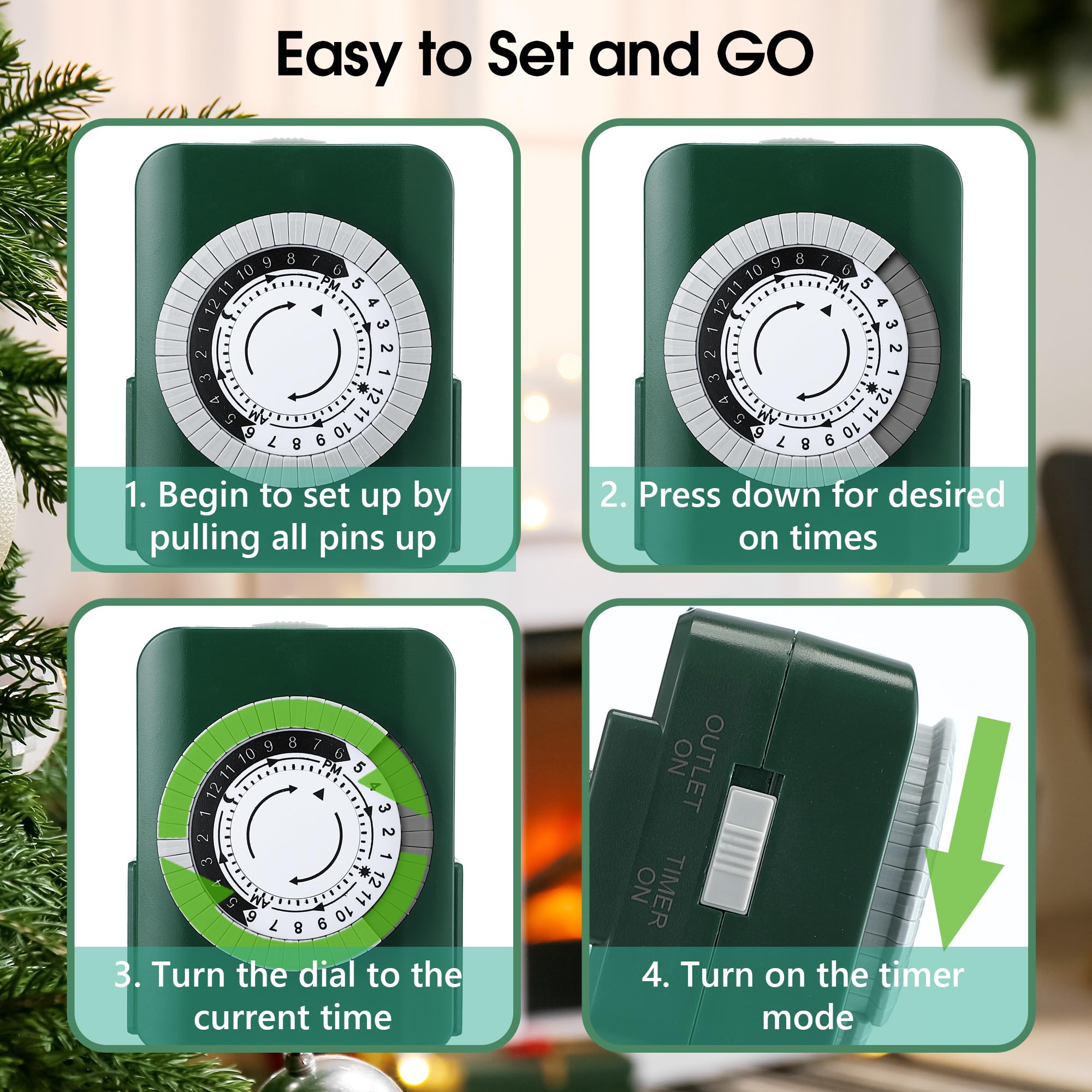 24 Hour 2 Grounded Outlets Mechanical Timer - Indoor Electrical Outlet Timer for Christmas Lights & Holiday Decorations - Daily On/Off Cycle - Perfect for Christmas Trees, Lamps & Home Appliances (1 Pack, Green) - Save Energy & Automate Your Holiday Lighting