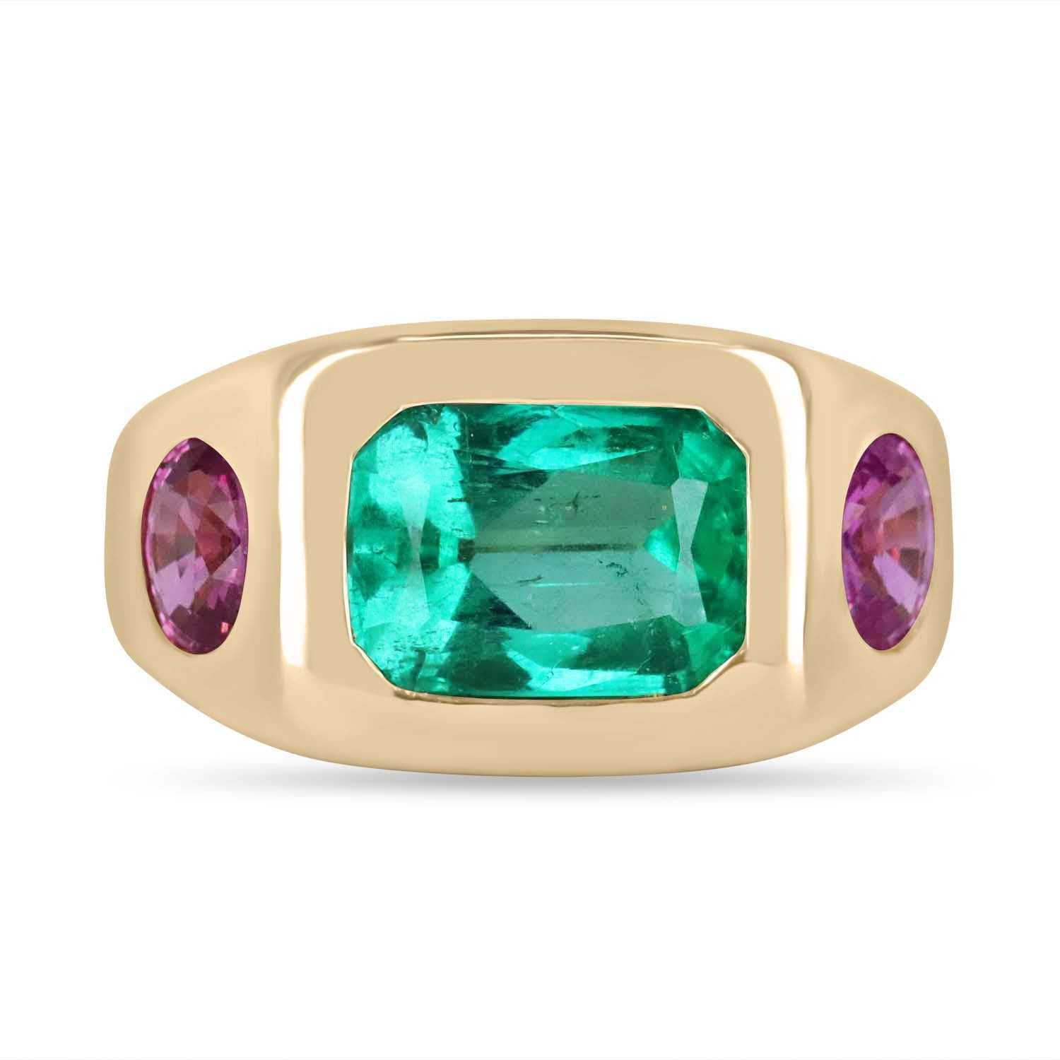 5.52 TCW 18K Gold Three Stone Emerald & Oval Pink Sapphire Gypsy Ring for Women – Elegant Vintage Jewelry for Engagement, Wedding, or Special Occasions