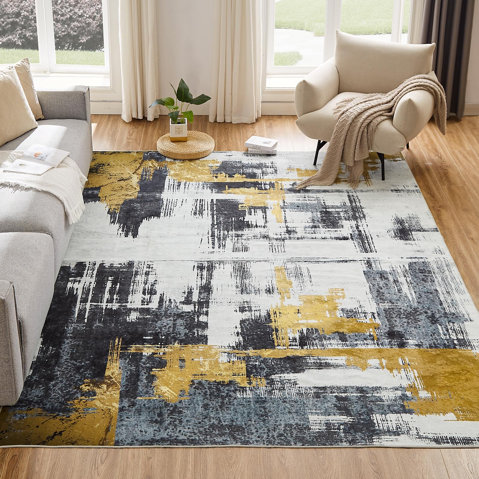 6'x9' Machine Washable Abstract Area Rug - Non-Slip Modern Woven Boho Carpet for Living Room, Bedroom, Kitchen & Office - Soft Home Decor in Black | Perfect for High-Traffic Areas & Pet-Friendly Spaces