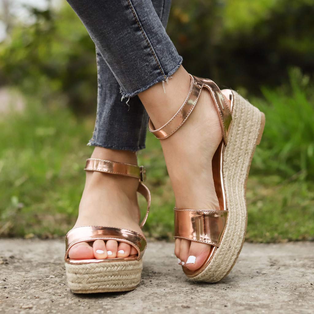 Women's Wide Width Wedge Sandals with Ankle Strap - 2020 Fashion Summer Beach Shoes, Open Toe Espadrille Platform Sandals for Walking, Vacation & Casual Outfits