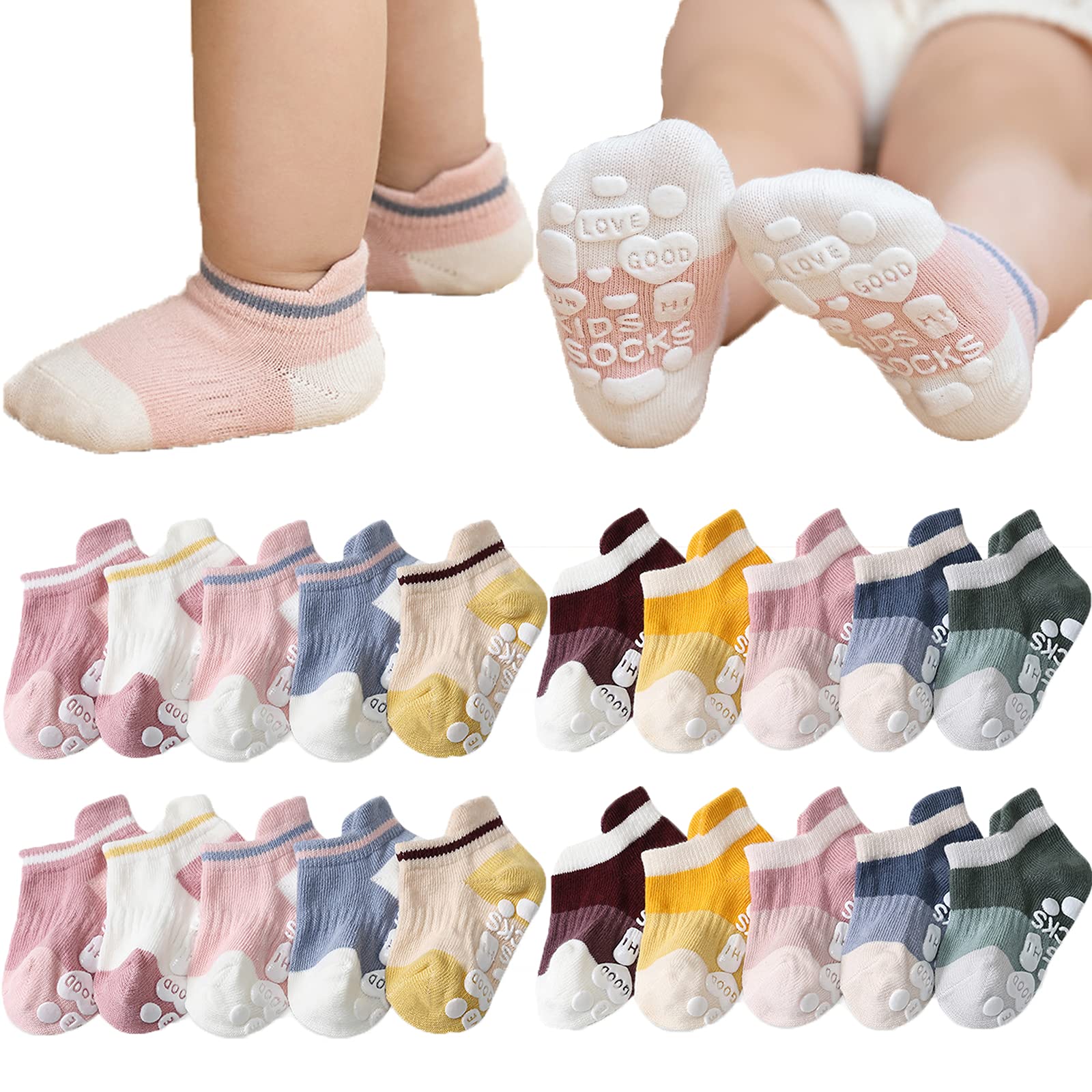 10 Pairs Non-Slip Baby Socks for Boys & Girls - Anti-Skid Toddler Socks with Grips - Unisex Infant Ankle Socks for Playtime, Crawling & First Steps