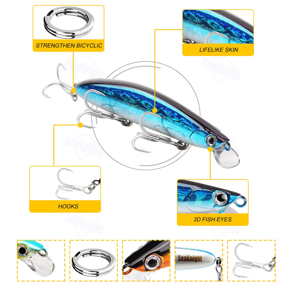 SeaKnight SK005/SK008 Hard Fishing Lure with Treble Hooks - Topwater Minnow Swimbait for Freshwater & Saltwater Fishing | Bass, Trout, Walleye Lure Kit for Lake, River & Ocean Fishing