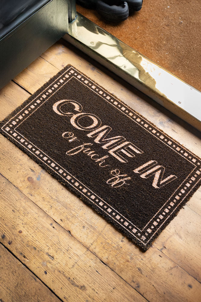 Funny Brown Doormat - 'Come In or F*** Off' Welcome Mat for Front Door - Perfect for Home, Office, or Apartment Entryway