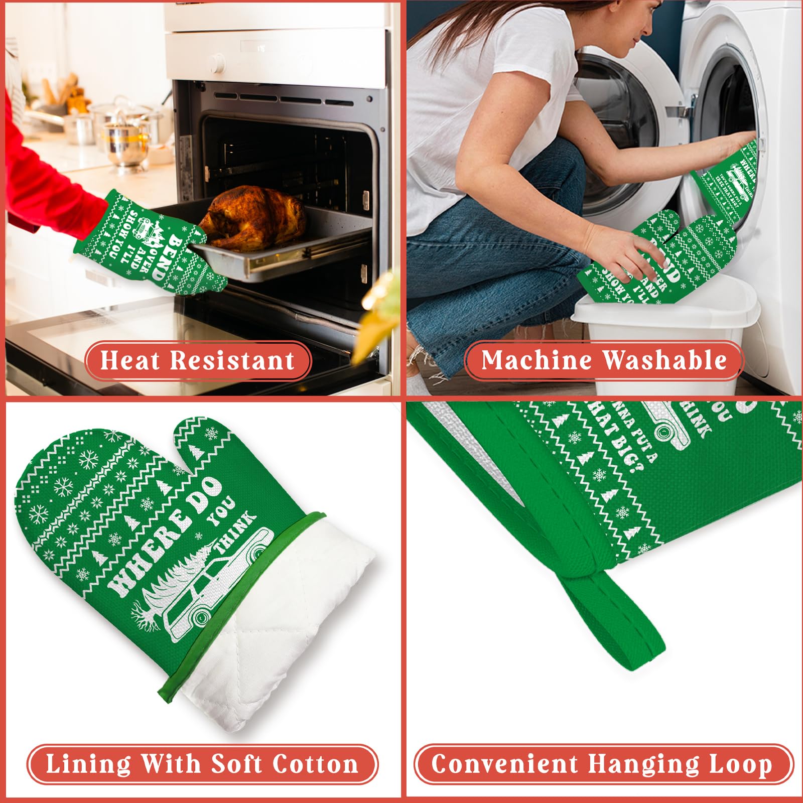 Funny Christmas Oven Mitts and Pot Holders Set of 2 - Griswold Family Christmas Vacation Kitchen Decor - Heat Resistant Baking BBQ Cooking Gloves - Perfect Gift for Holiday Cookie Baking and Festive Kitchen Decorations