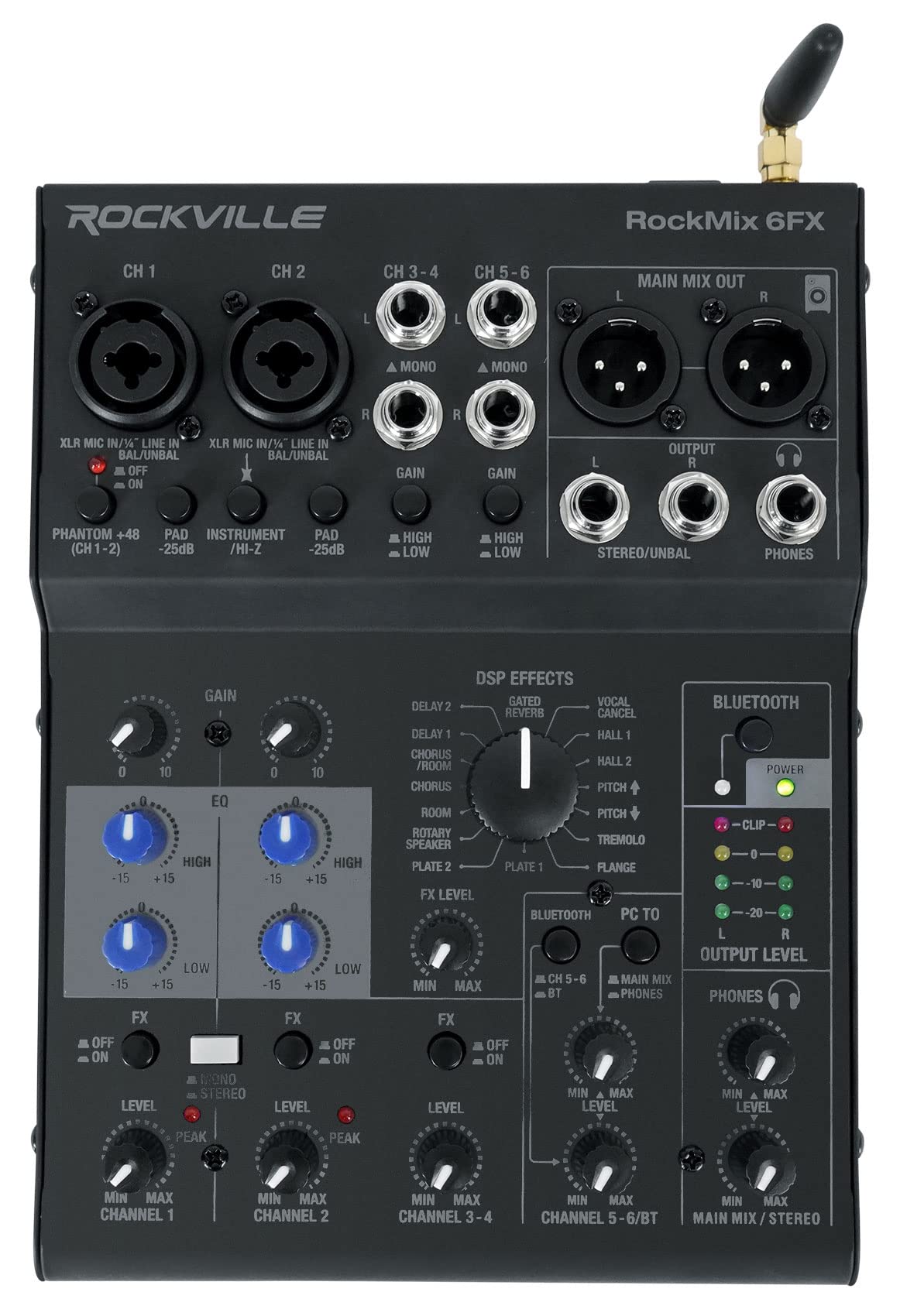 Rockville ROCKMIX 6FX 6-Channel USB Audio Mixer with Built-In Effects, Recording Interface & Headphone Output - Perfect for Podcasting, Live Streaming & Home Studio Recording