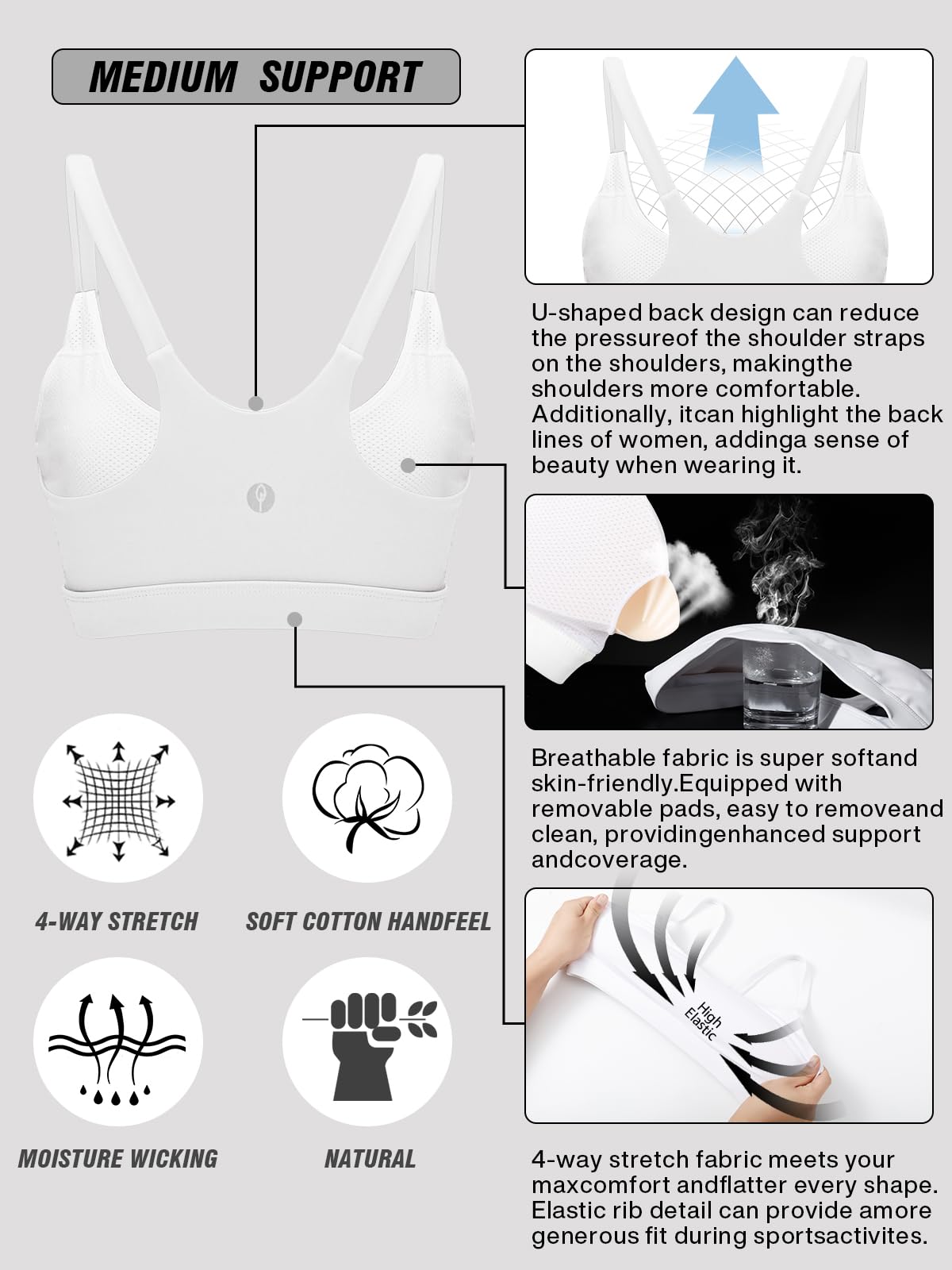 Women's U Back Padded Medium Support Wireless Yoga Sports Bra with Removable Cups - Longline Workout Top for Running, Gym & Fitness Activities