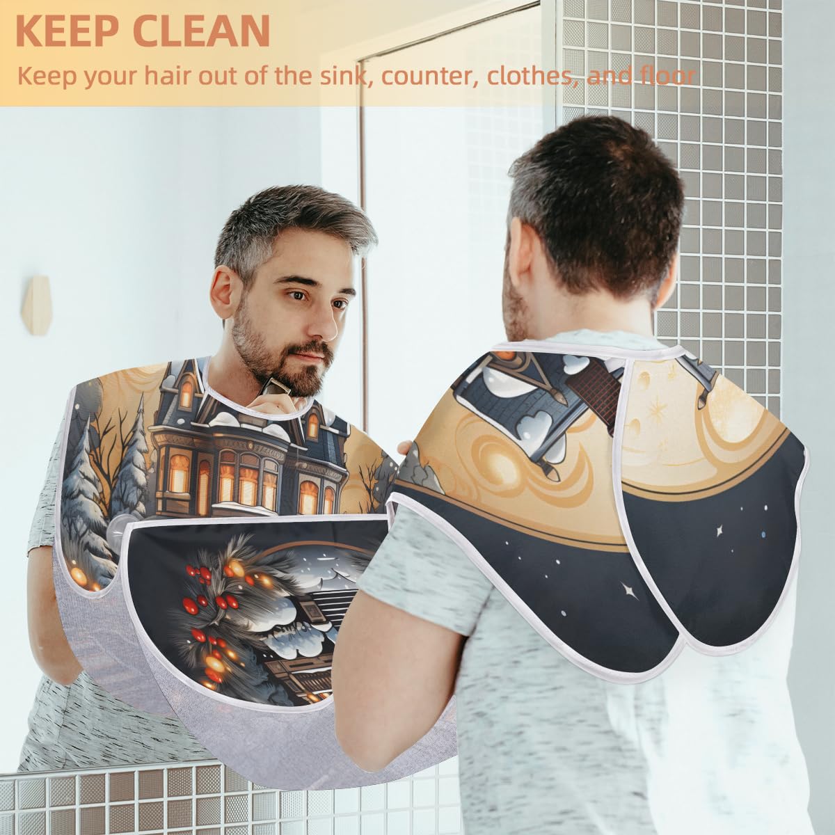 Snowy Night Castle Pattern Beard Shaving Bib for Men - Waterproof Barber Apron for Hair Dye & Makeup - Sink Hair Catcher for Beard Trimming & Lineup - Perfect Gift for Barbers & Stylists (Great for Home Grooming & Salon Use)