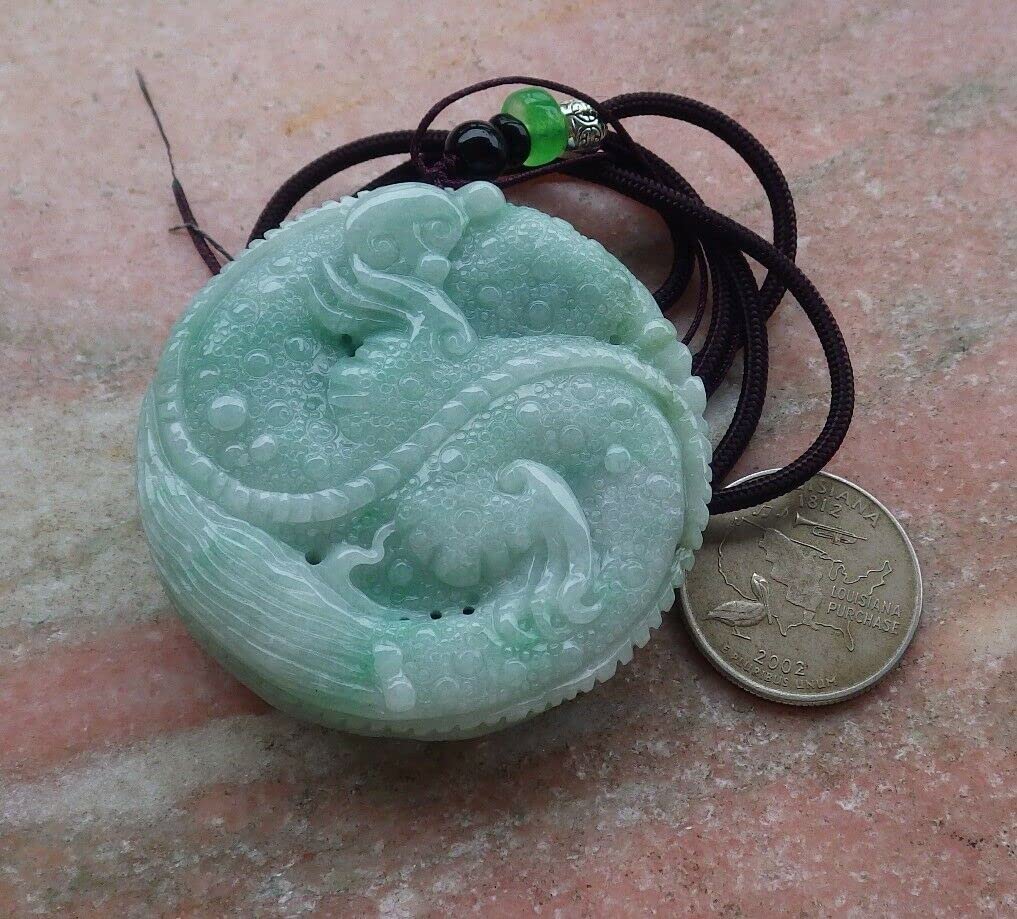 Certified Green Burma 100% Natural Jadeite Pendant - Dragon & Mouse Peanut Ruyi Necklace for Zodiac Rat (546497 GS) - Perfect Gift for Chinese New Year, Birthday & Spiritual Protection