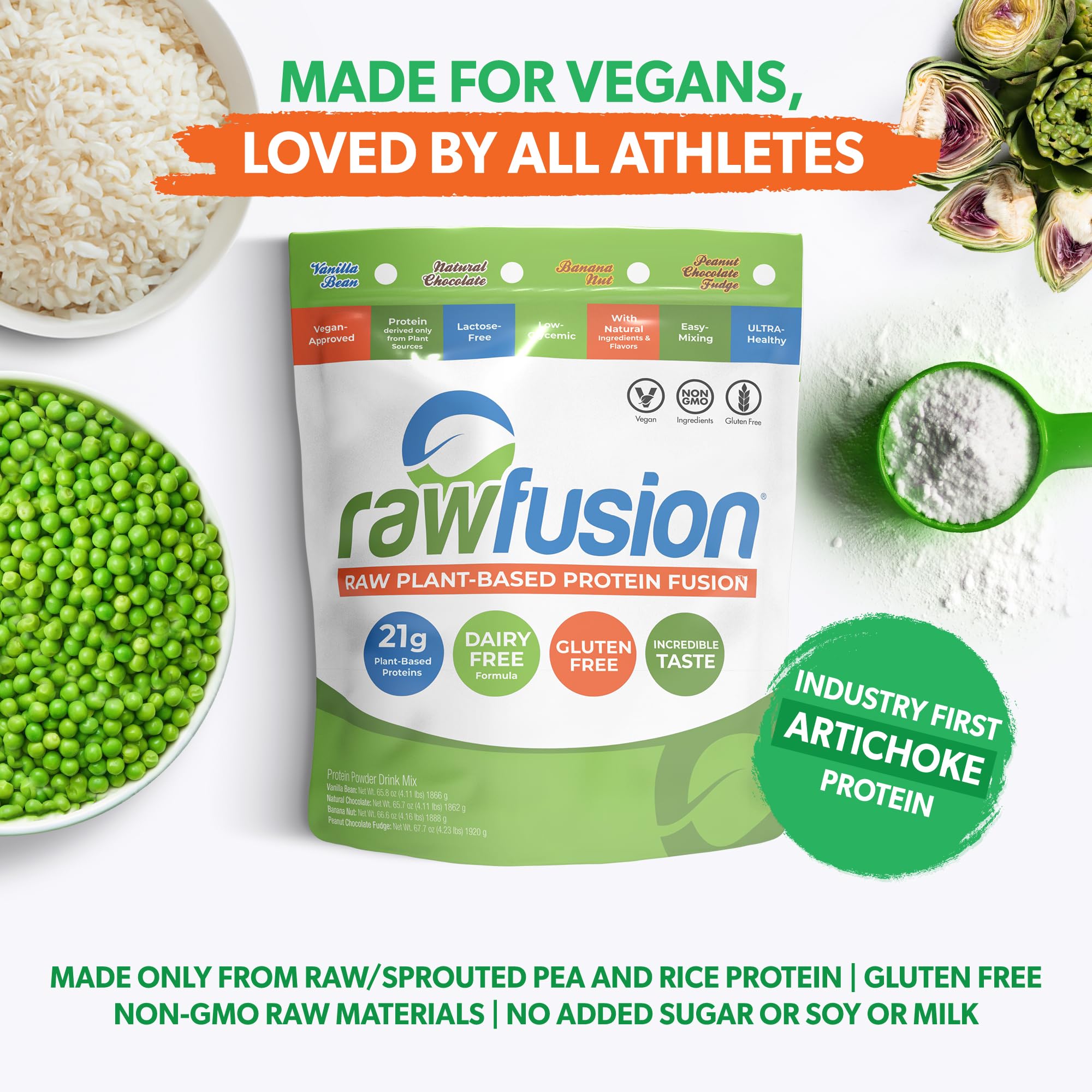 Rawfusion 4lbs Plant Based Protein Powder - Natural Chocolate Flavor, 21g Vegan Protein, Low Carb, Gluten Free, Dairy Free, Soy Free, Non-GMO | Perfect for Smoothies, Baking & Post-Workout Recovery