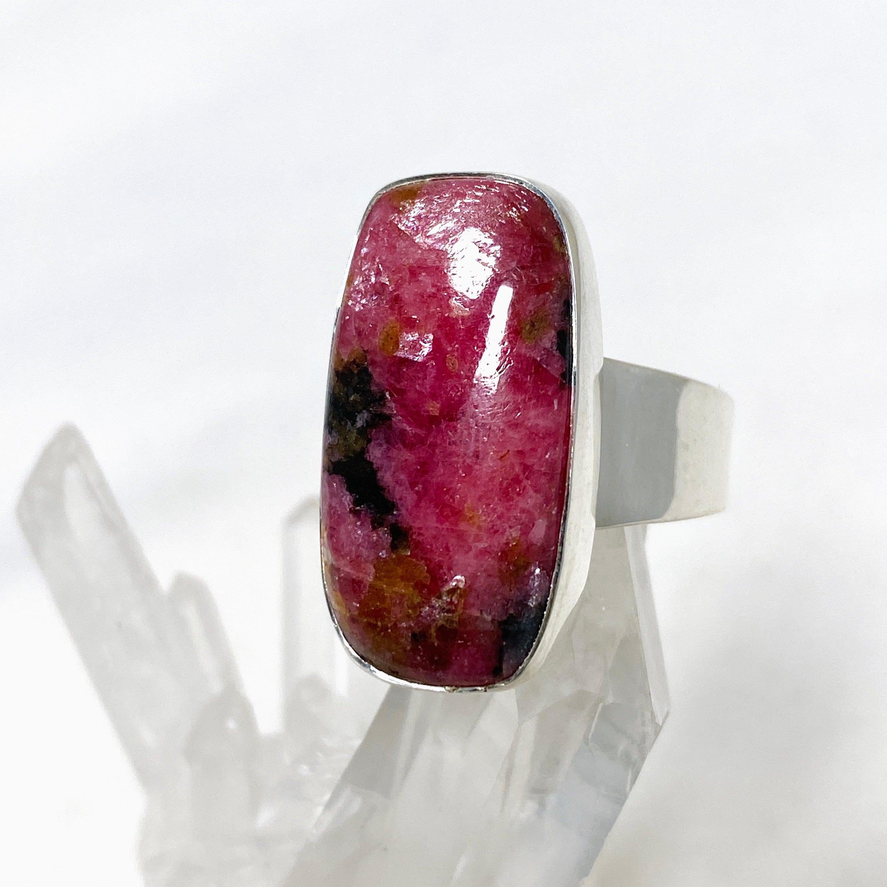 Natural Rhodonite Gemstone Rectangle Ring - Size 7 for Women, KRGJ3210 | Healing Crystal Jewelry for Stress Relief & Emotional Balance | Perfect for Meditation, Yoga & Spiritual Practices