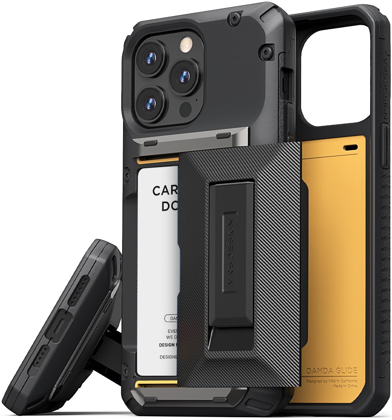 VRS DESIGN Damda Glide Hybrid Phone Case for iPhone 15 Pro Max (2023) - Slim Protective Cover with Built-in Wallet, Card Holder & Kickstand | Shockproof & Durable | Groove Black | Perfect for Work, Travel & Everyday Use