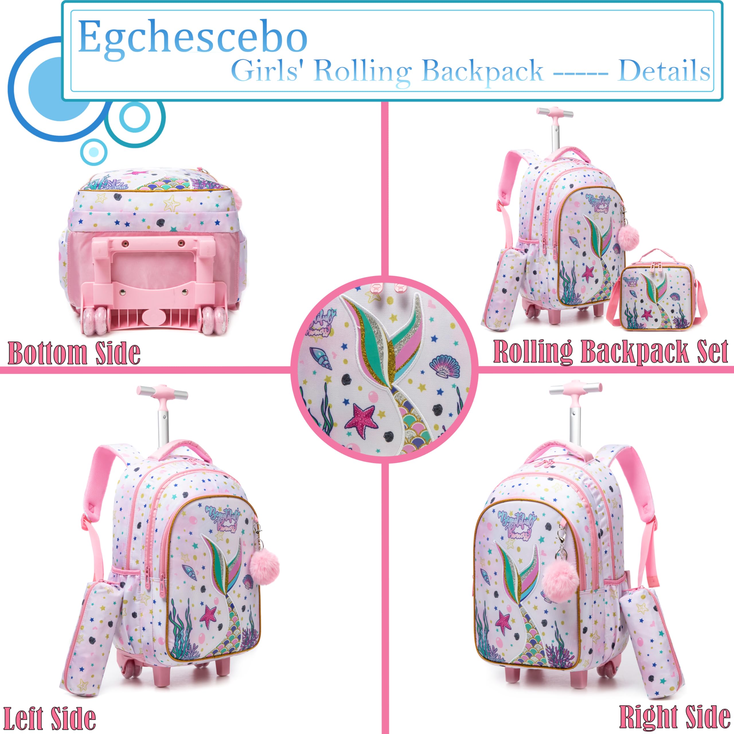 Egchescebo Mermaid Rolling Backpack for Girls - Pink Wheeled School Backpack with Lunch Box & Pencil Case, Multiple Compartment Travel Luggage for Elementary Students - Perfect for School, Travel, and Daily Use