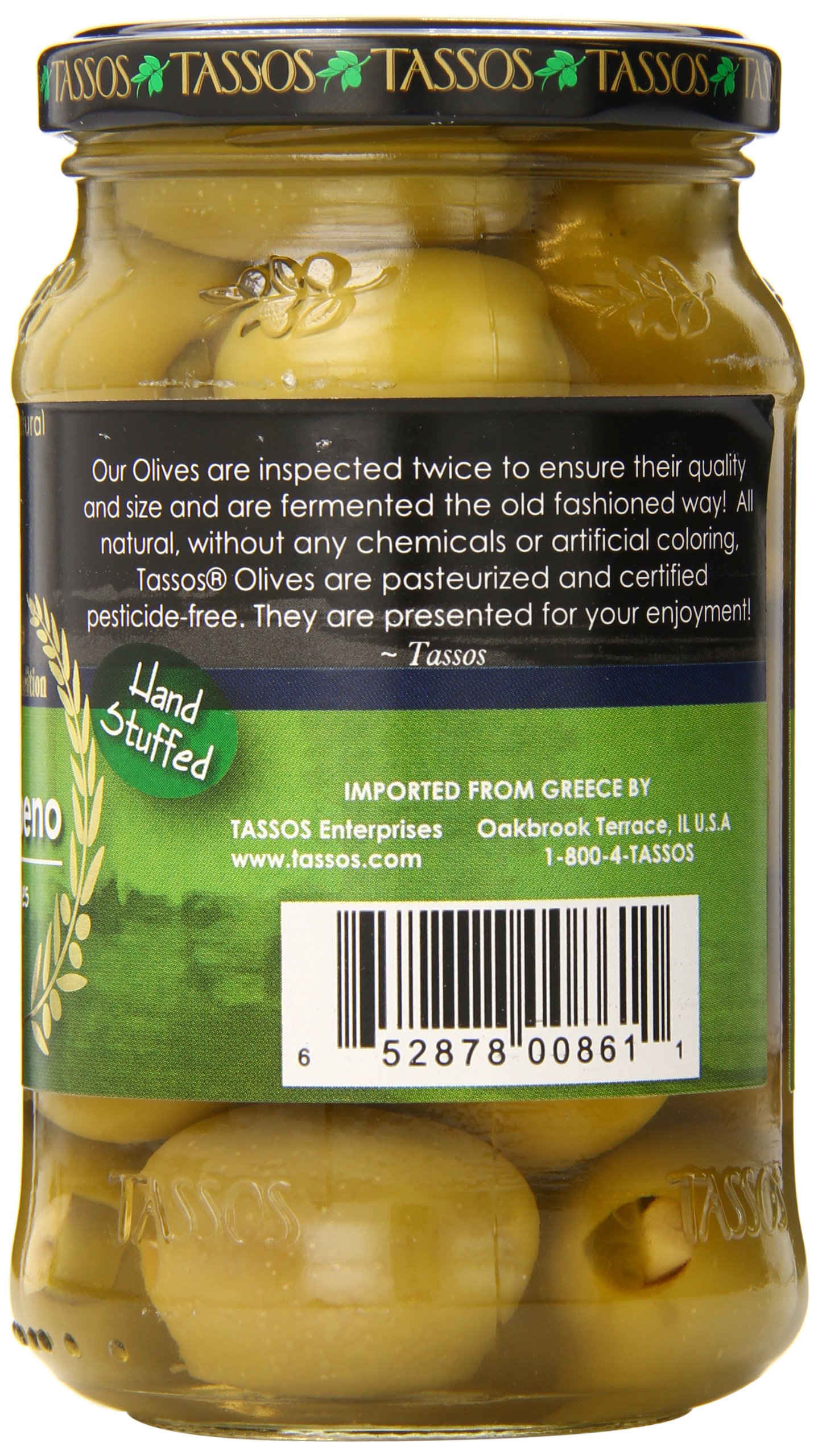 Tassos Stuffed Green Olives with Garlic & Jalapeno - 13.1 oz Jar | Premium Mediterranean Snack for Charcuterie Boards, Salads & Cocktails