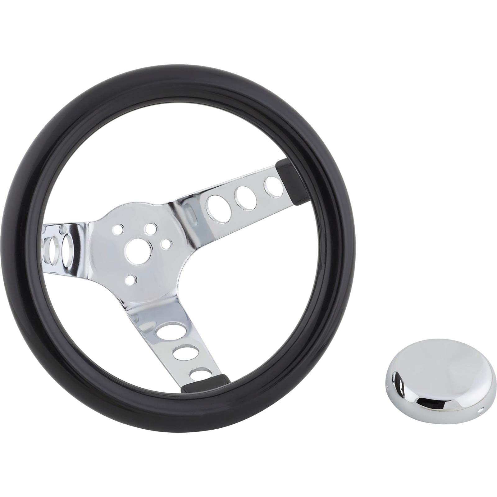 Speedway Motors Classic 9-3/4 Inch Black Steering Wheel with Holes - Universal Fit for Cars & Trucks - Smooth Black Cushion Grip - Chrome Spokes & 3 Bolt Pattern Mount - Includes Chrome Cap - Perfect for Hot Rods, Muscle Cars & Vintage Vehicle Upgrades