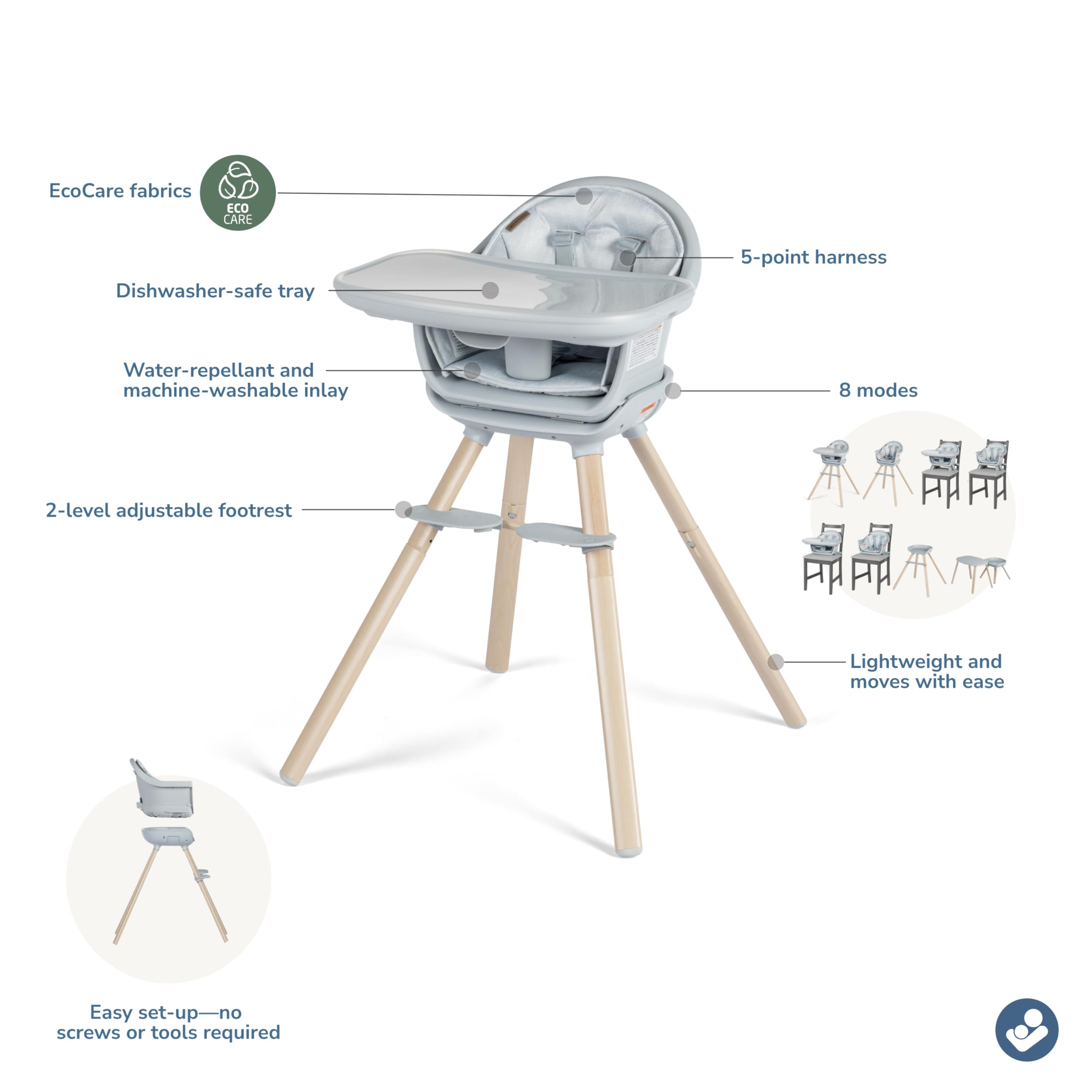 Maxi-Cosi Moa 8-in-1 Convertible High Chair for Babies & Toddlers - Lightweight, Compact & Machine Washable - Classic Slate | Perfect for Dining, Travel & Small Spaces