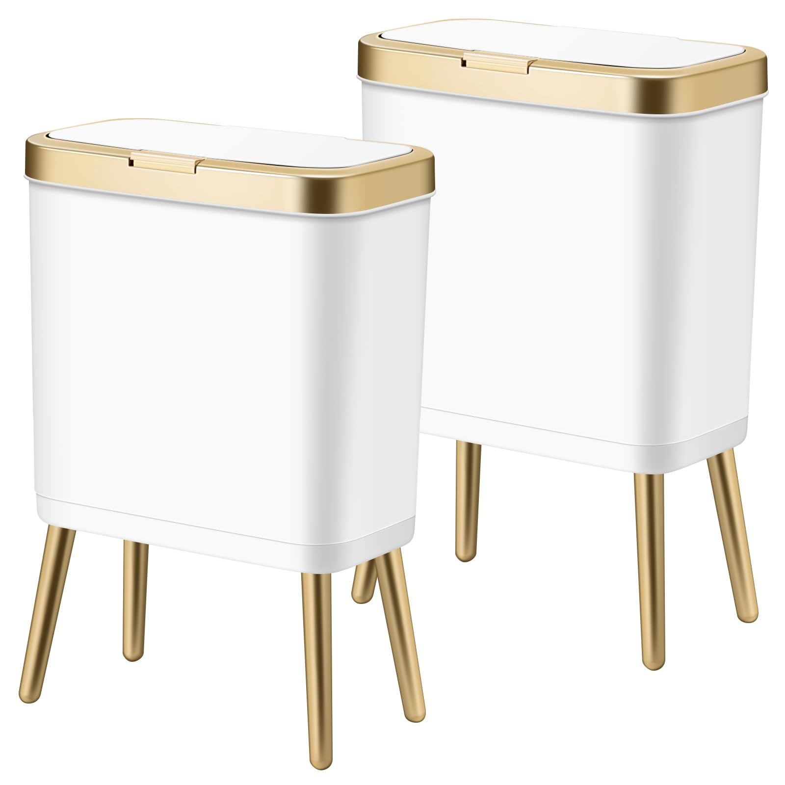 Procade 2-Pack White Trash Cans with Lid - Modern Narrow Bathroom Garbage Bins with Gold Trim, 4 Gallon Slim Plastic Waste Baskets for Bedroom, Kitchen, Living Room & Office - Perfect for Small Spaces & Home Decor