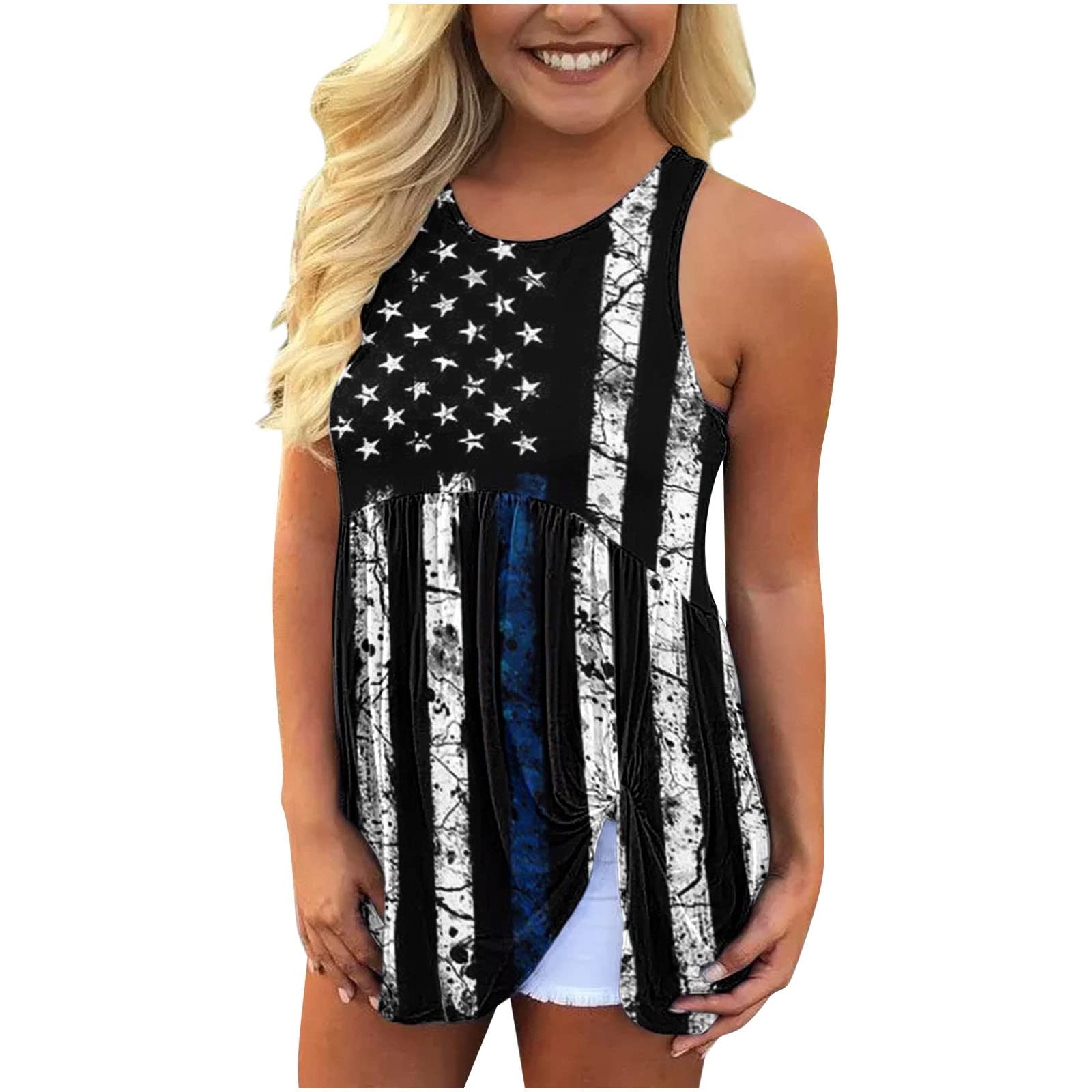 Women's Summer Tops - Fashion Casual Round Neck Sleeveless Blouse with Independence Day Print | Perfect for 4th of July Parties, Beach Outings & Summer Vacations