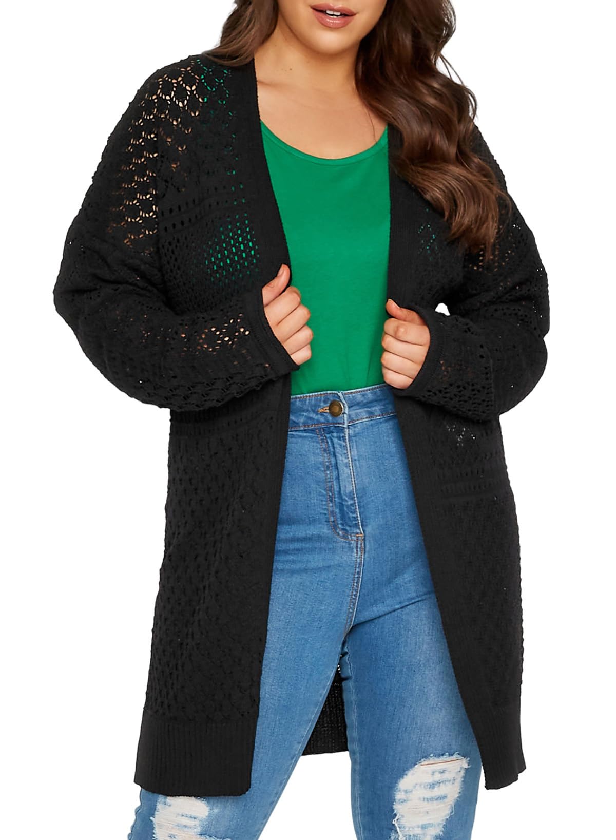 Eytino Women's Plus Size Long Sleeve Hollow Out Open Front Cardigan Sweater (1X-5X) - Cozy Fall Knitwear for Work, Casual & Layering