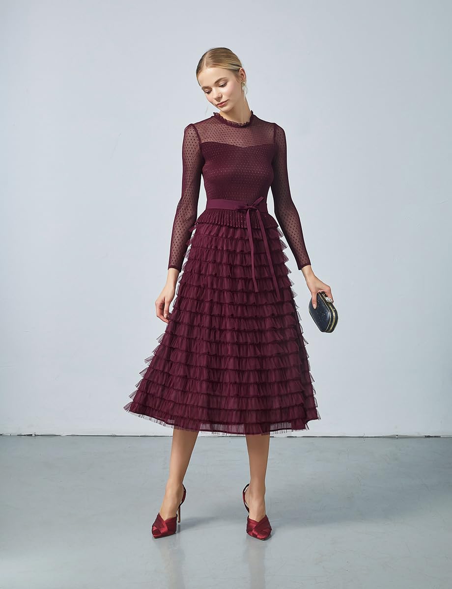 Elegant Women's Long Sleeve Mesh Layered Chiffon Midi Dress for Wedding Guest, Cocktail, Prom & Evening Party - Perfect for Formal Events, Date Nights & Special Occasions