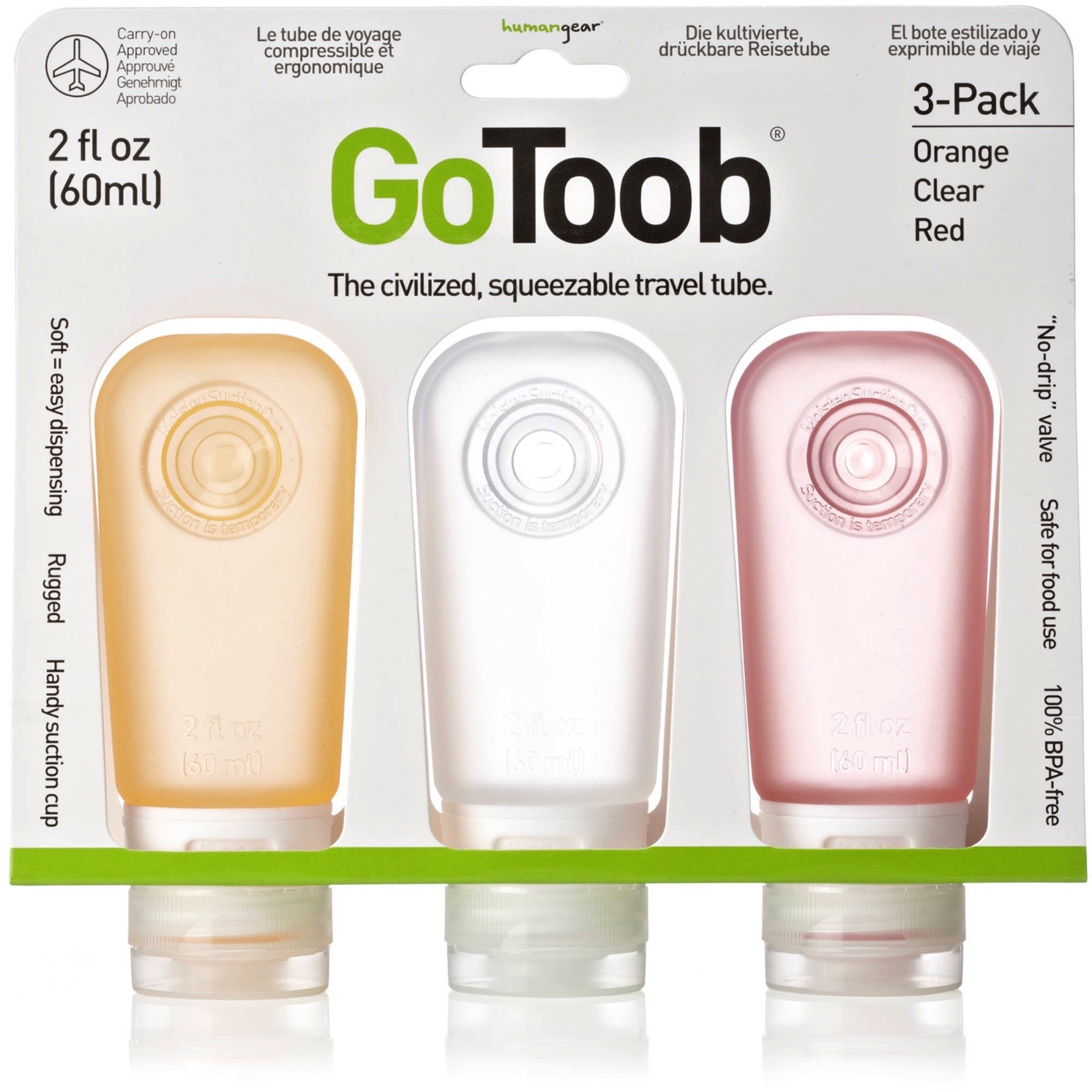 humangear GoToob Refillable Silicone Travel Bottles with Locking Cap - Leak Proof Toiletry Containers for Shampoo, Lotion & Cosmetics - Perfect for Women's Travel Kit, Gym Bag & Airplane Carry-On (3-Pack)