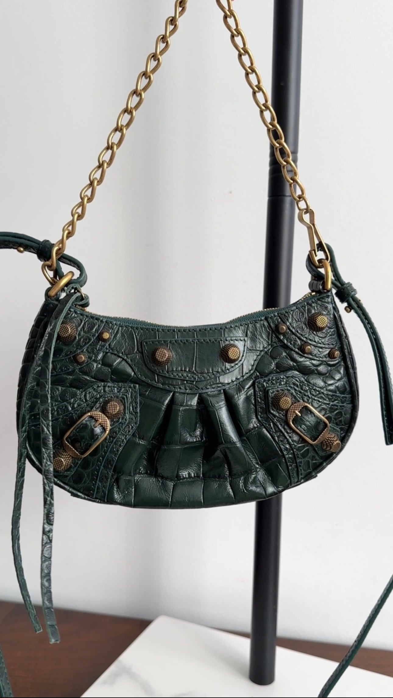 Balenciaga Dark Green Croc-Embossed Cagole XS Chain Bag - Luxury Crossbody Purse for Women, Perfect for Night Out & Party Accessories