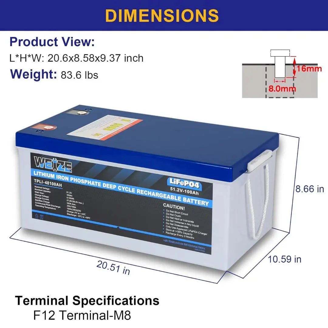 51.2V 100Ah 5120Wh LiFePO4 Lithium Battery - High Capacity Deep Cycle Solar Battery for RV, Marine, Off-Grid & Solar Power Systems - Perfect for Home Energy Storage & Backup Power