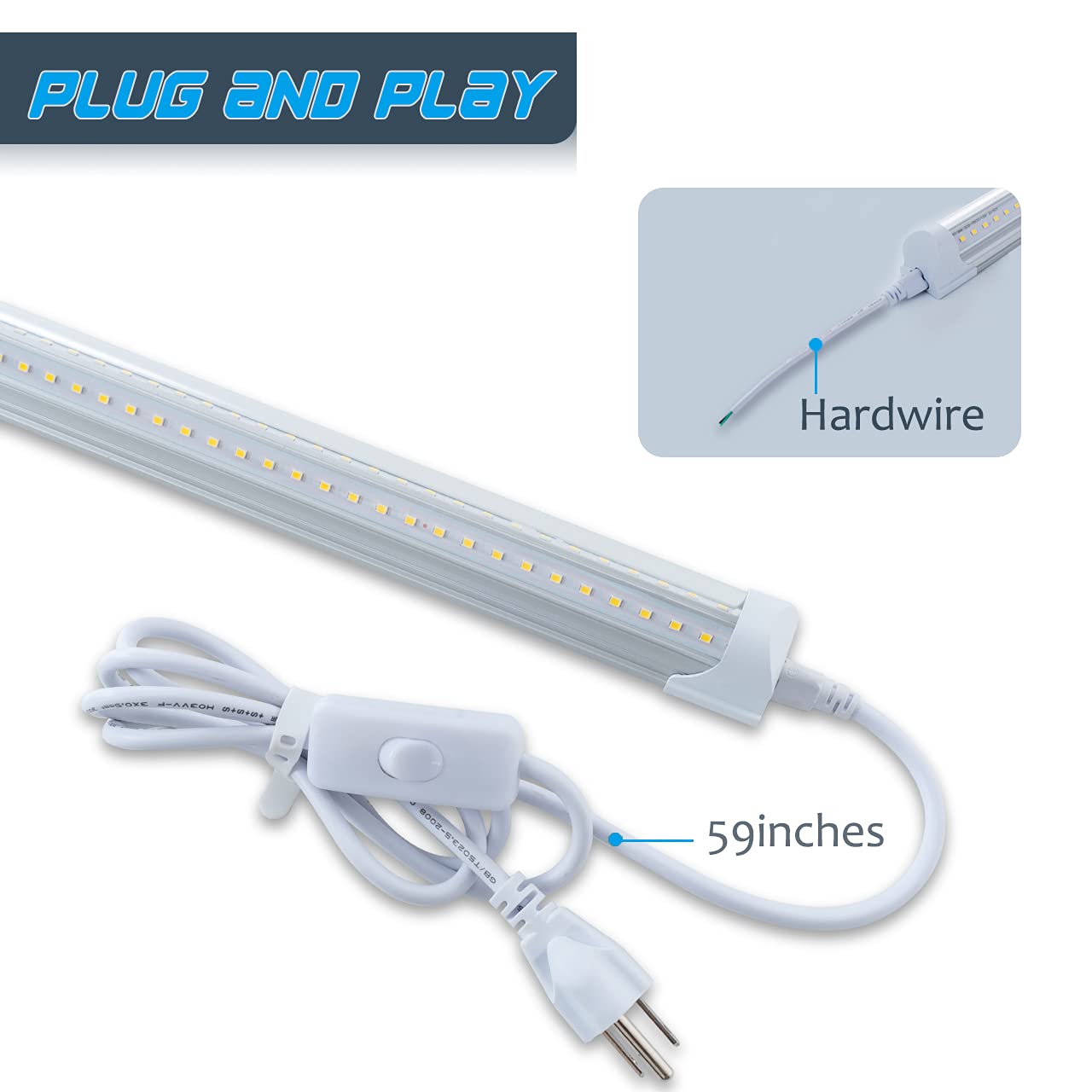 6 Pack T8 LED 5FT 48W Integrated V-Shaped Linkable LED Tube Lights - 6000K Daylight White for Coolers, Freezers, Garages & Commercial Spaces - Energy Efficient Shop Lighting with On/Off Switch & Clear Cover (Ideal for Supermarkets, Grocery Stores & Warehouse Lighting)