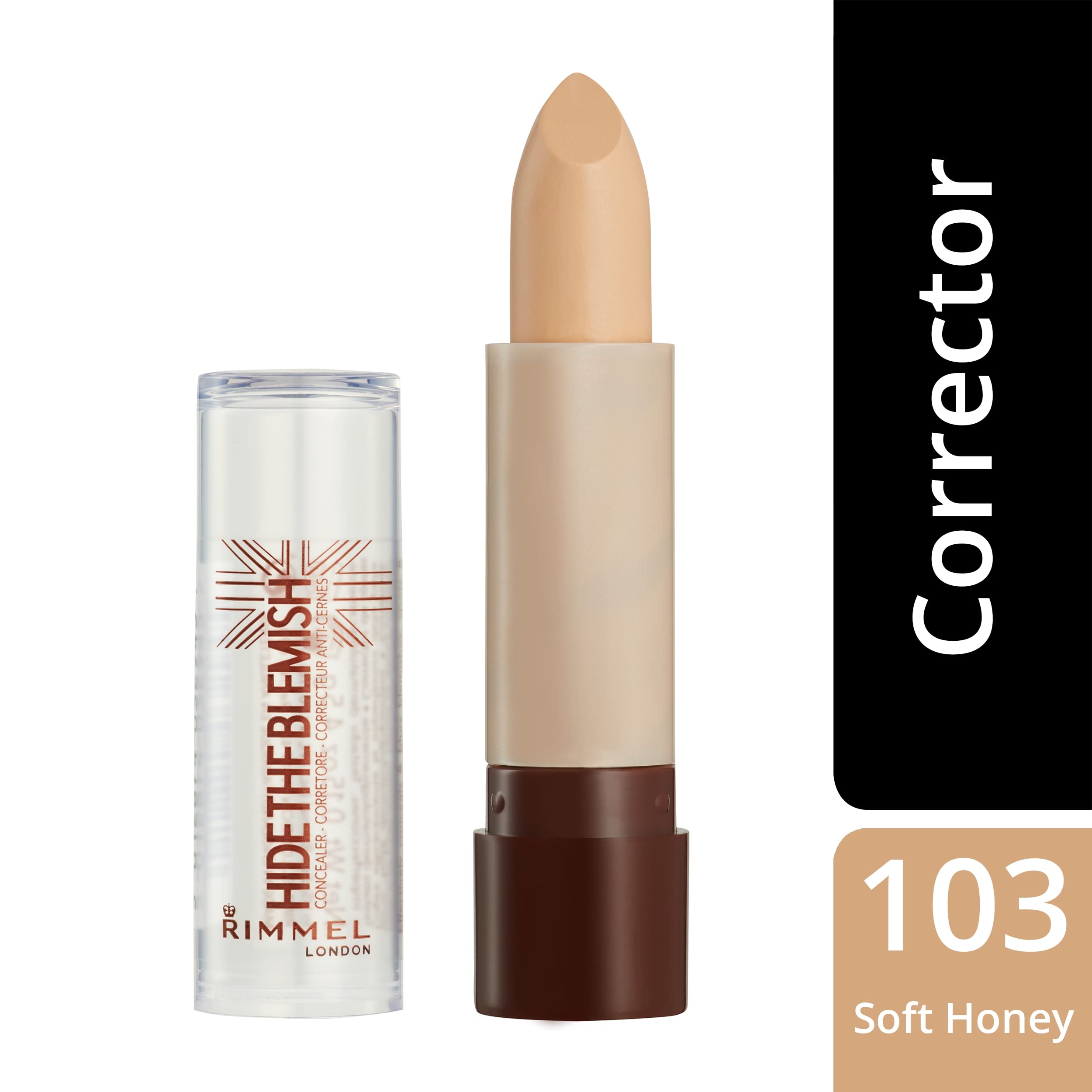 Rimmel London Hide the Blemish Concealer Stick - Ultra-Creamy, Easy to Blend, 5-Hour Wear, 0.16oz (Shade: 103 Soft Honey) | Perfect for Dark Circles, Blemishes & Imperfections | Everyday Makeup & On-The-Go Touch Ups