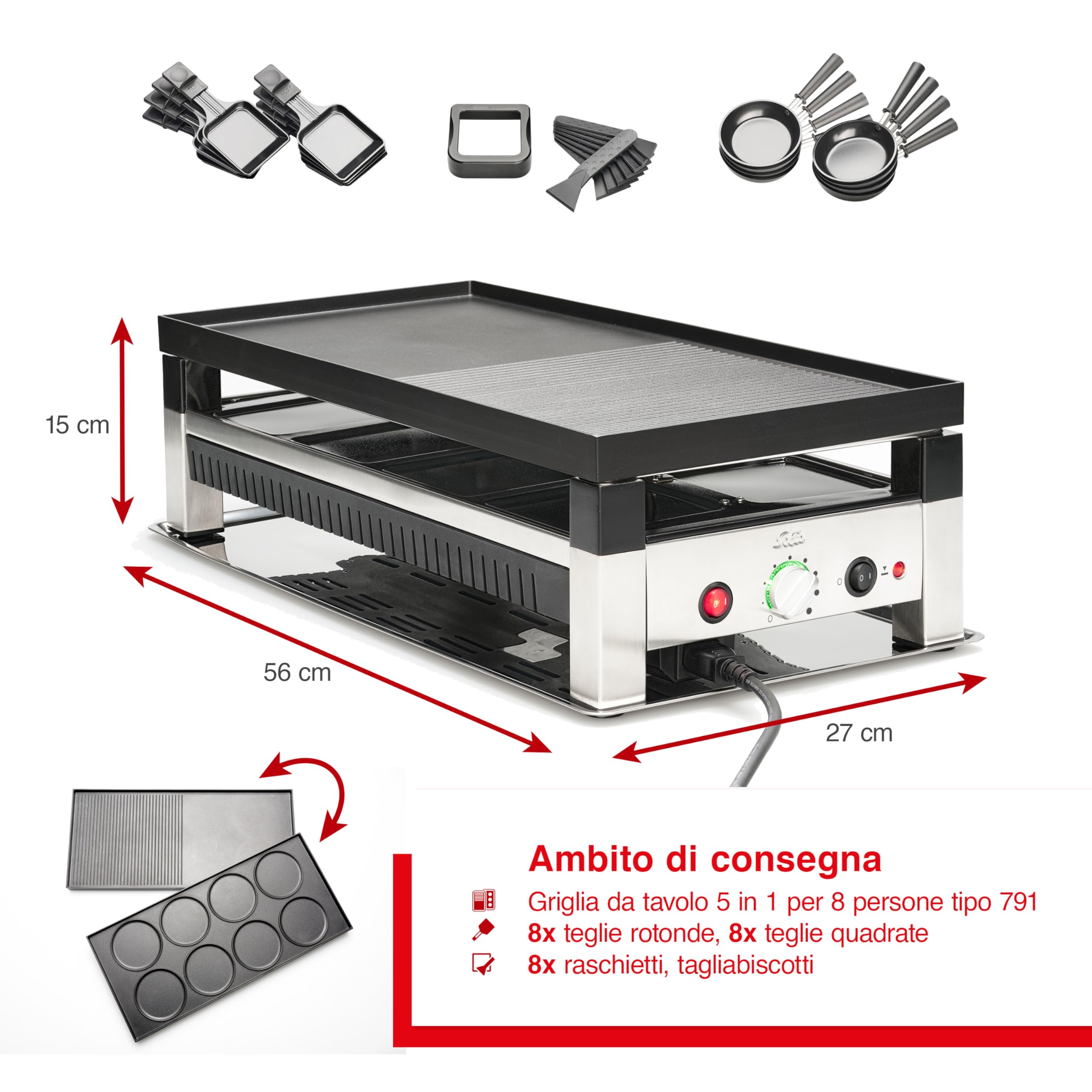 Solis 5-in-1 Electric Table Grill - Electric Raclette, Tabletop Grill, Mini Wok, Mini Pizza & Pancake Maker - 1400W for 8 People - Perfect for Family Gatherings, Parties & Indoor BBQs