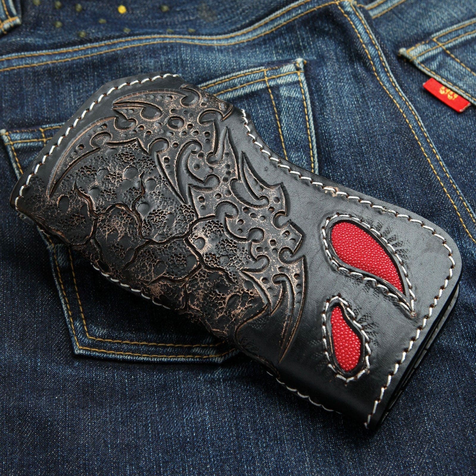 Handcrafted Red Demon Stingray Leather Biker Wallet - Genuine Exotic Leather Money Clip Wallet for Men - Perfect for Motorcycle Riders, Bikers & Gift Giving