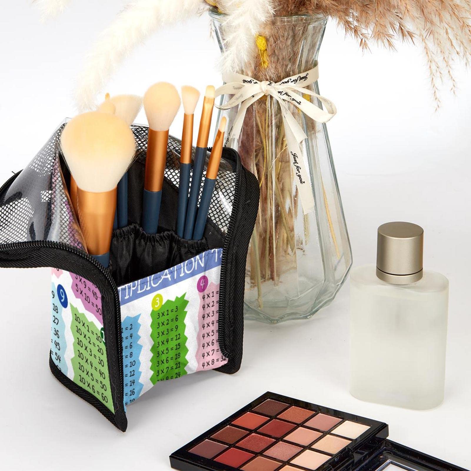 12-Piece Makeup Brush Organizer Bag with Portable Case - Includes Math Multiplication Table - Perfect for Travel, Home & Professional Makeup Artists
