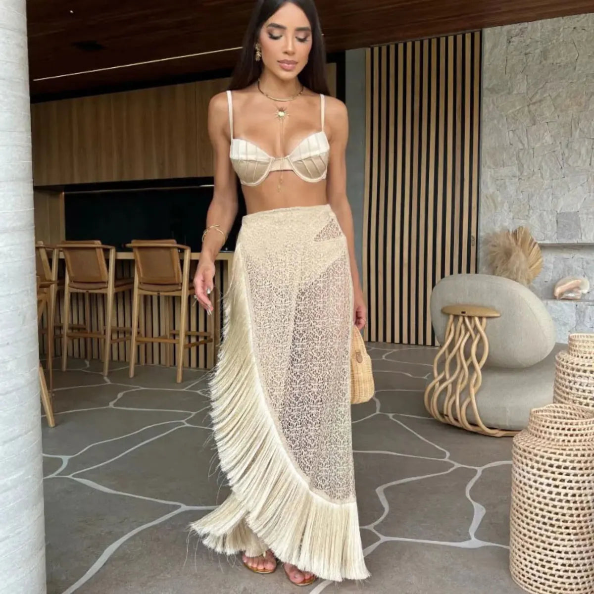 3 Piece Tassel Bikini Set for Women - Sexy Hollow Out Grid Beachwear, See Through Knit Skirt Suit | Perfect for Summer Vacations, Pool Parties & Street Fashion