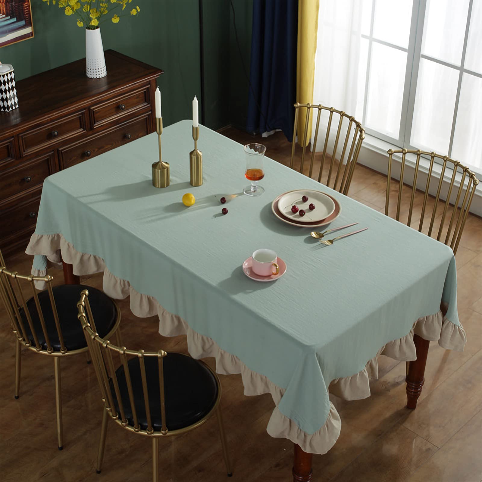 Rismart Green Linen Tablecloth 100x140cm - Elegant Ruffle Rectangular Cover for Dining & Parties