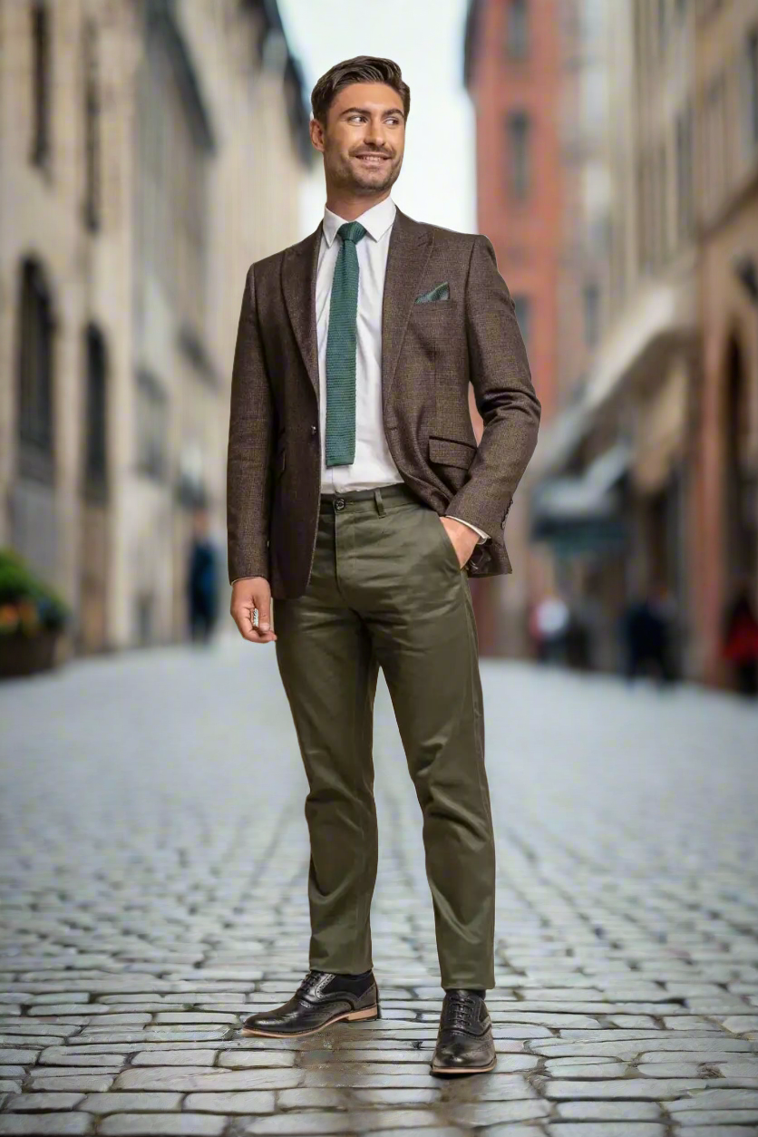 Cavani Men's Dakota Olive Chino Pants - Slim Fit Stretch Comfort Casual Trousers for Work, Office & Everyday Wear