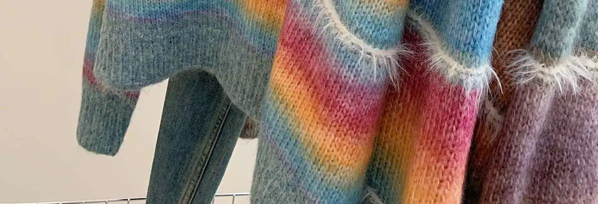 2024 Women's Rainbow Striped V-Neck Knit Sweater - Korean Fashion Loose Pullover for Autumn & Winter | Trendy Long Sleeve Top for Casual Wear, Office & Date Nights