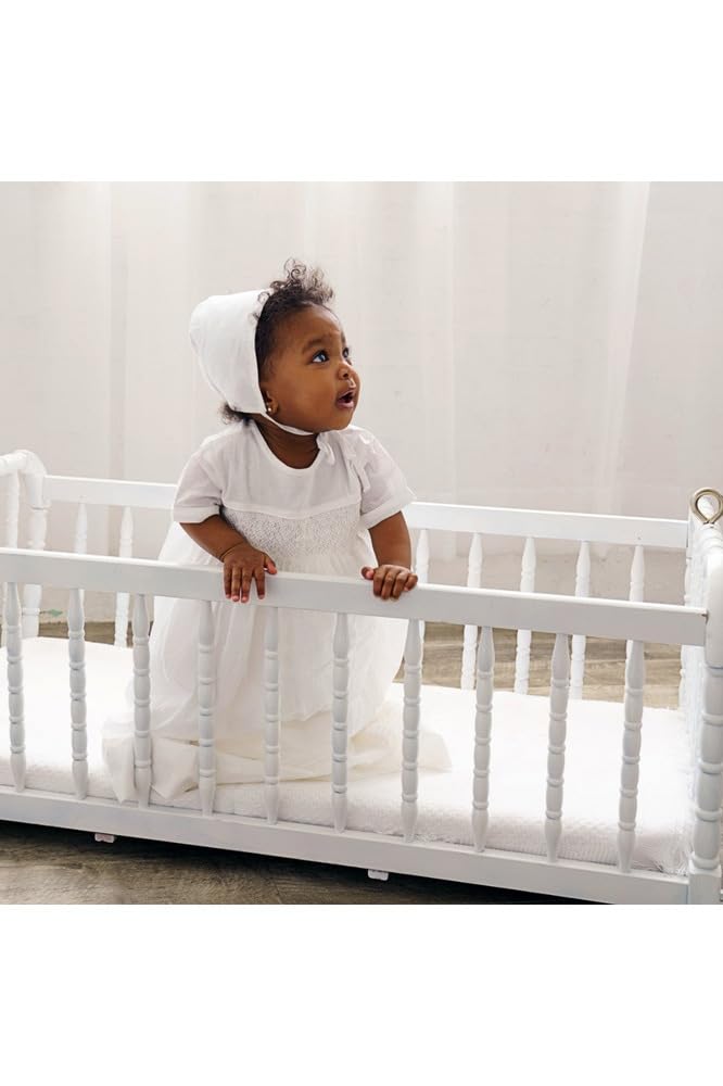 White Christening Gown for Baby - Hand-Smocked Yoke with Cross Detail, Short Sleeves & Matching Bonnet | Perfect for Baptism, First Communion & Special Occasions