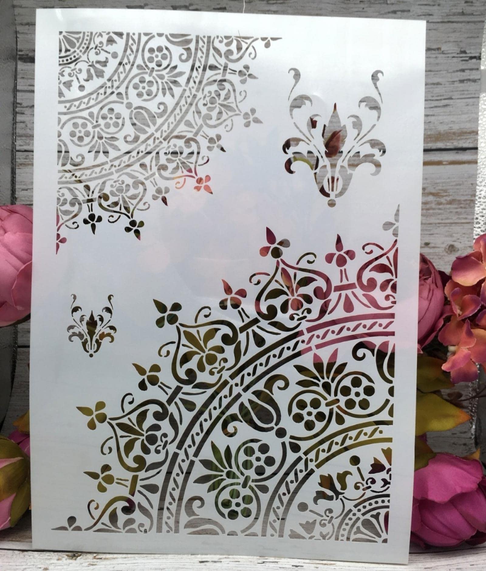 Flower Circle Reusable Stencil Template for Painting on Wood, Floor, Wall & Furniture - A4 Size 29x21cm - DIY Home Decor & Craft Projects
