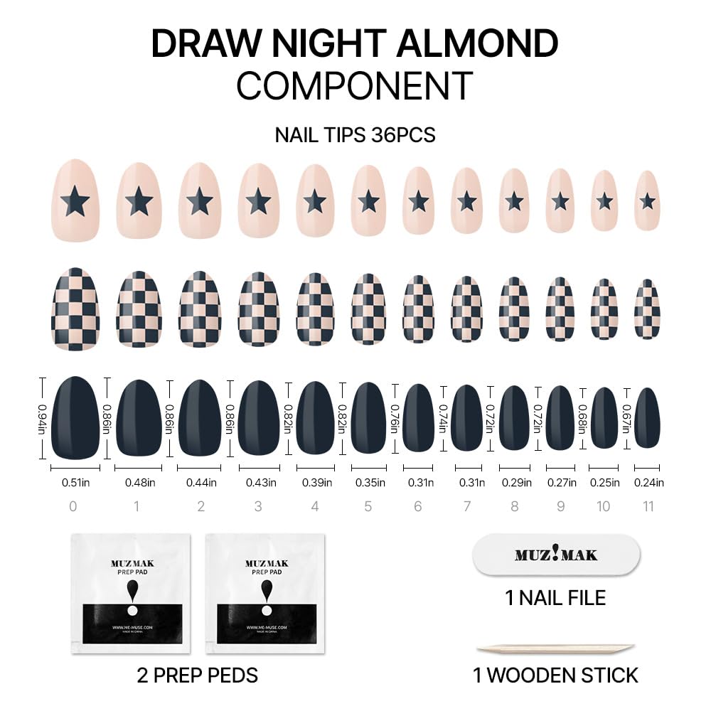 MUZMAK 36Pcs Reusable Press on Nails Long - Halloween Almond Shaped Fake Nails with Cute Gel Designs (Draw Night) | Perfect for Parties, Cosplay & Special Occasions