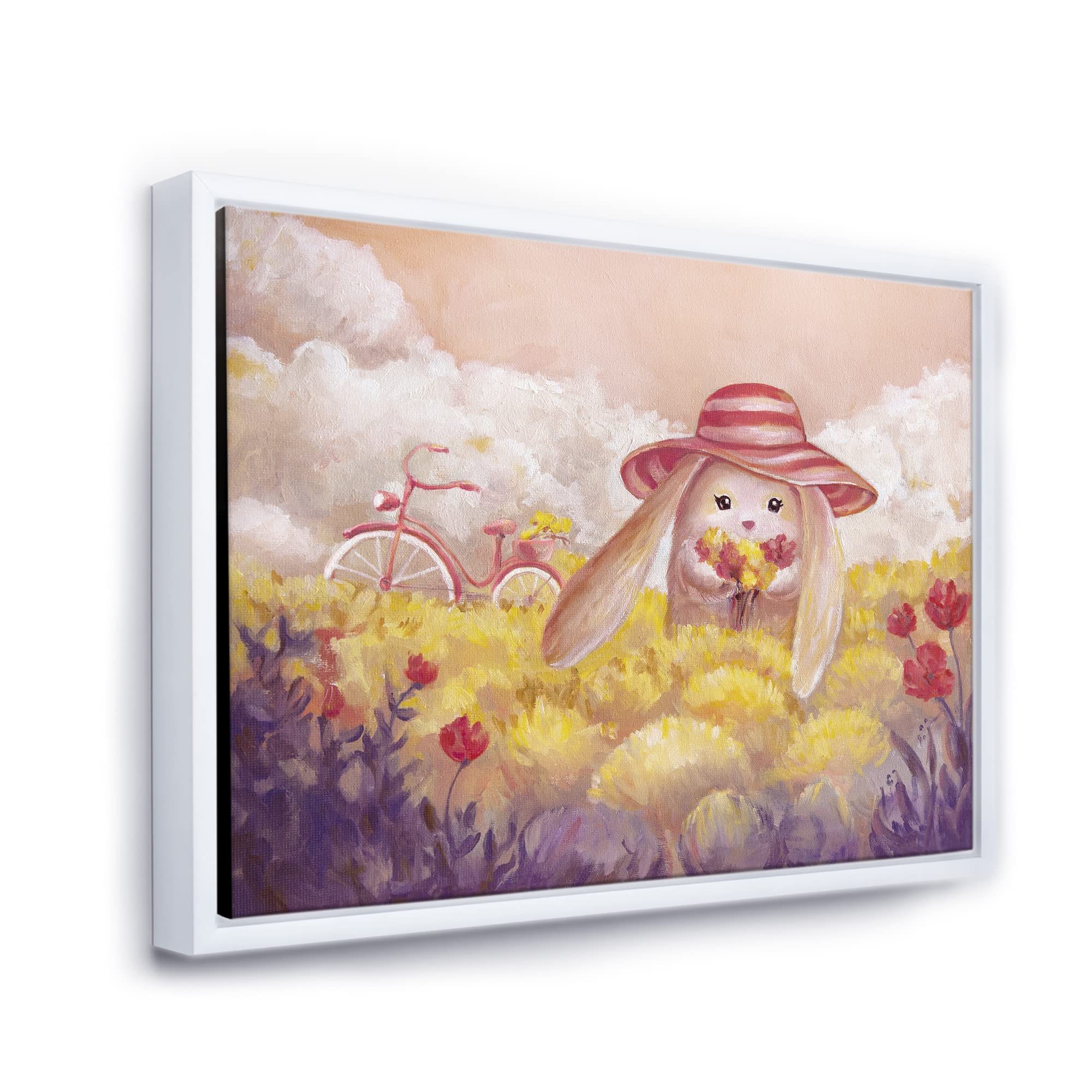 Little Bunny With Flowers - Traditional Framed Canvas Wall Art Print for Nursery, Kids Room Decor & Spring Home Decor