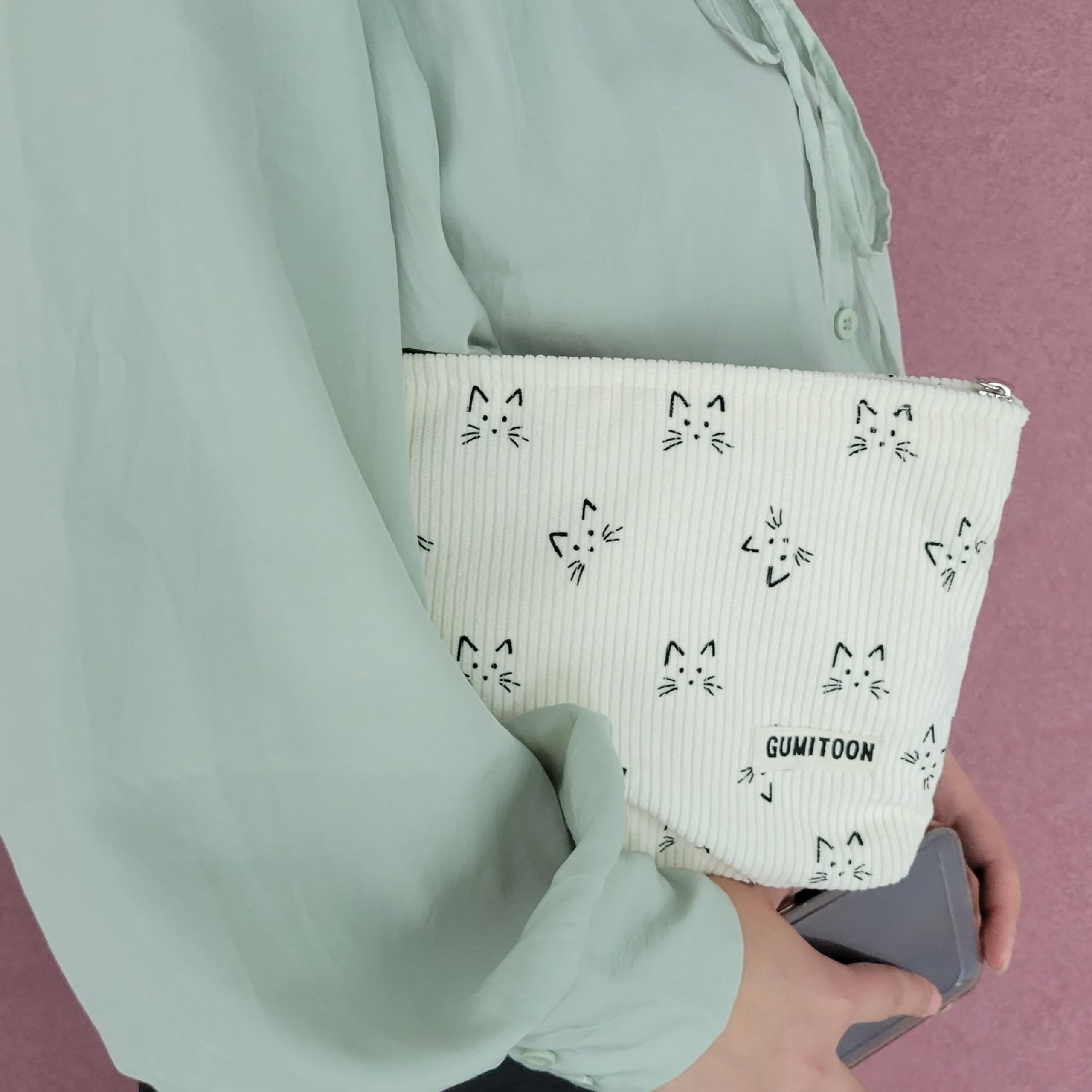 Cute Cat Makeup Bag for Women - Corduroy Cosmetic Organizer with Zipper | Travel & Storage