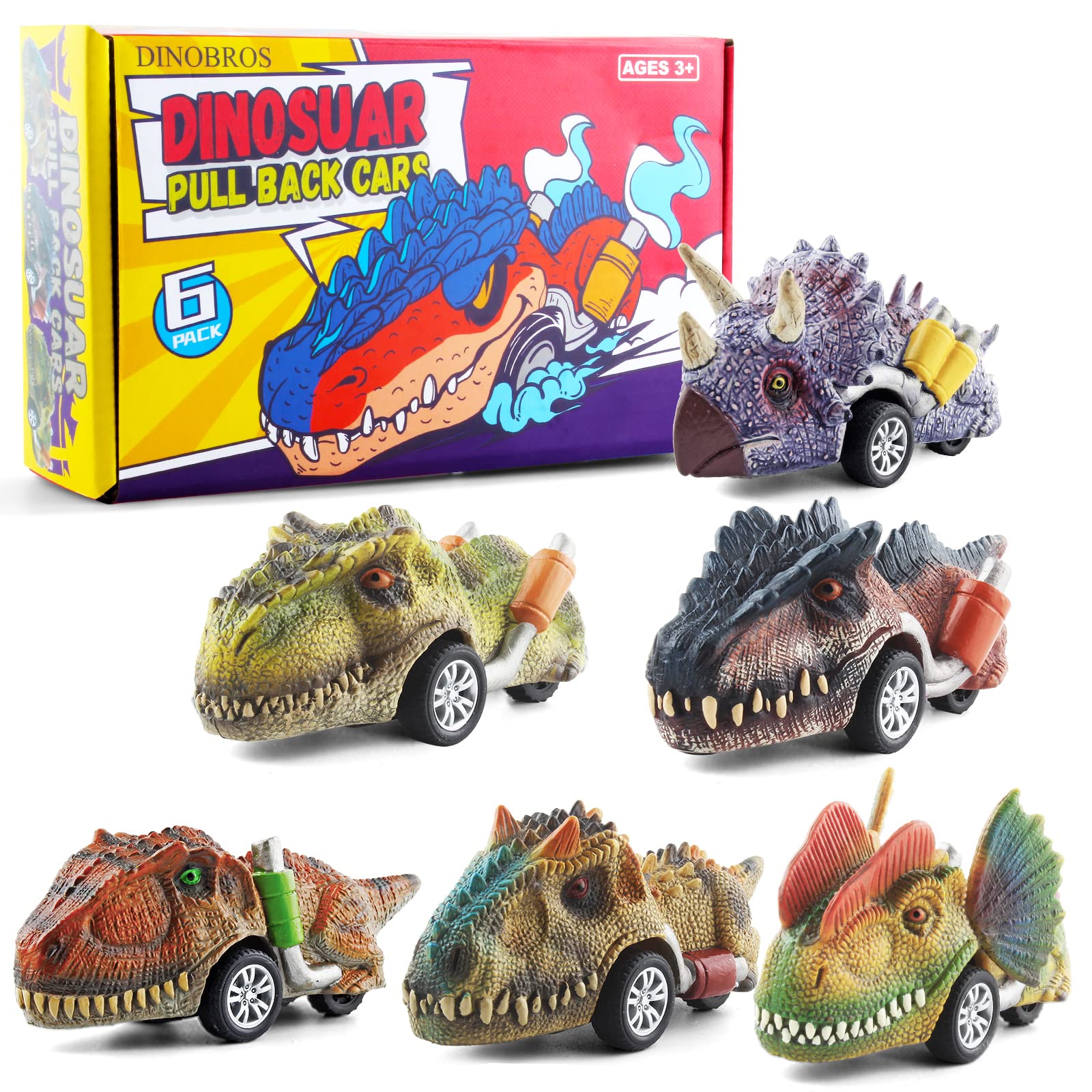 DINOBROS Pull Back Dinosaur Toy Cars - 6 Pack Dino Toys for Kids Ages 3-7 | Fun Educational Gifts for Boys & Girls | Perfect for Birthday Presents, Playtime & STEM Learning